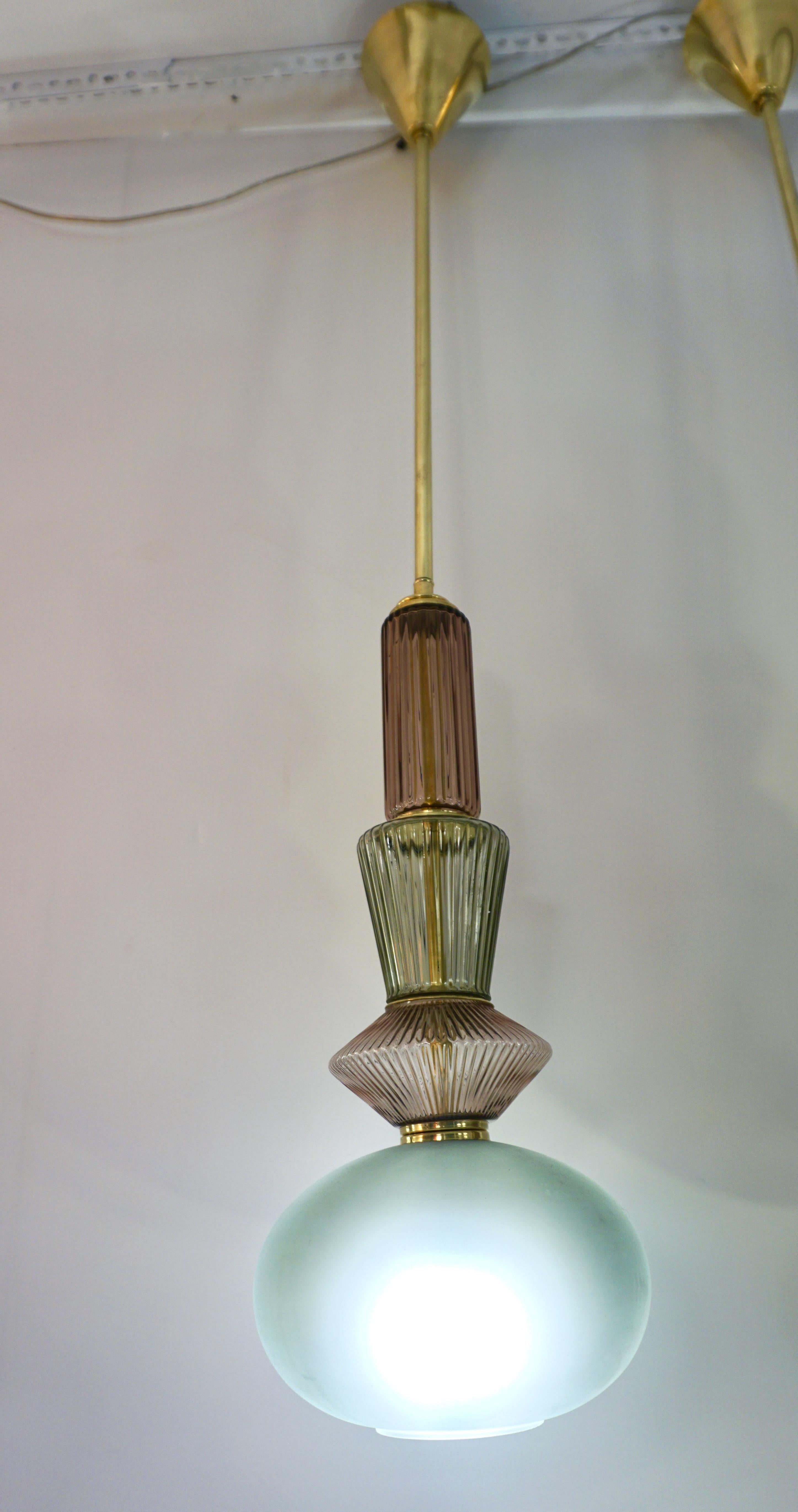 Bespoke Organic Amethyst Gray Green Murano Glass Brass Pendant Light 11