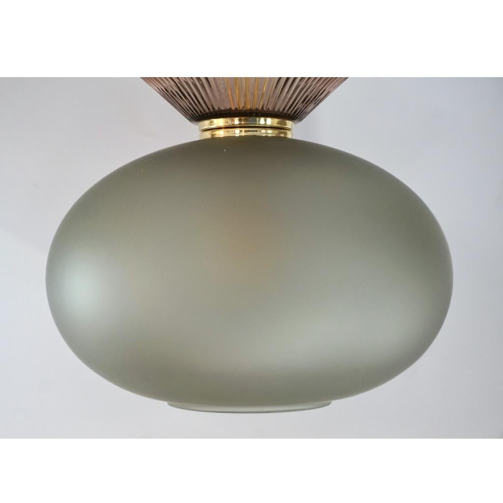 Organic Modern Bespoke Organic Amethyst Gray Green Murano Glass Brass Pendant Light For Sale