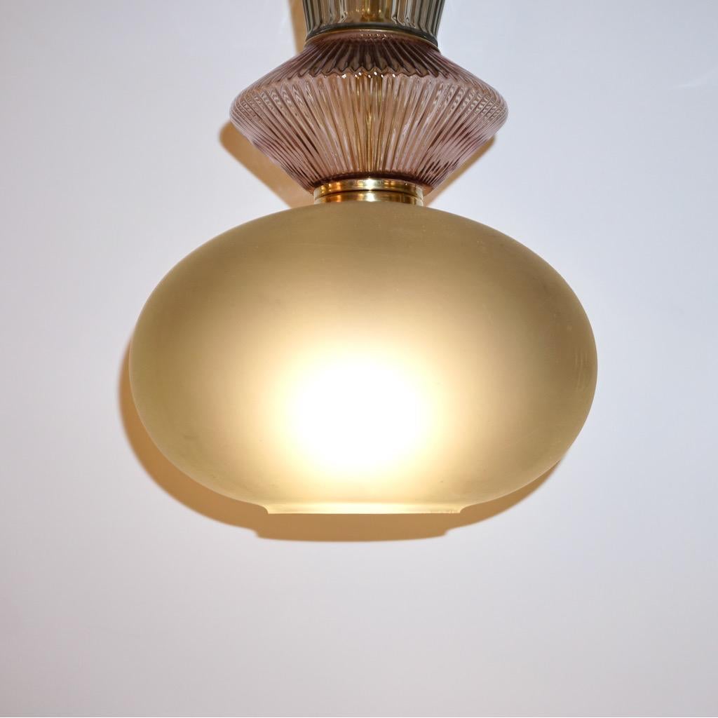 Italian Bespoke Organic Amethyst Gray Green Murano Glass Brass Pendant Light For Sale