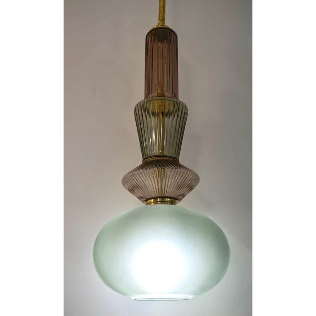 Frosted Bespoke Organic Amethyst Gray Green Murano Glass Brass Pendant Light For Sale