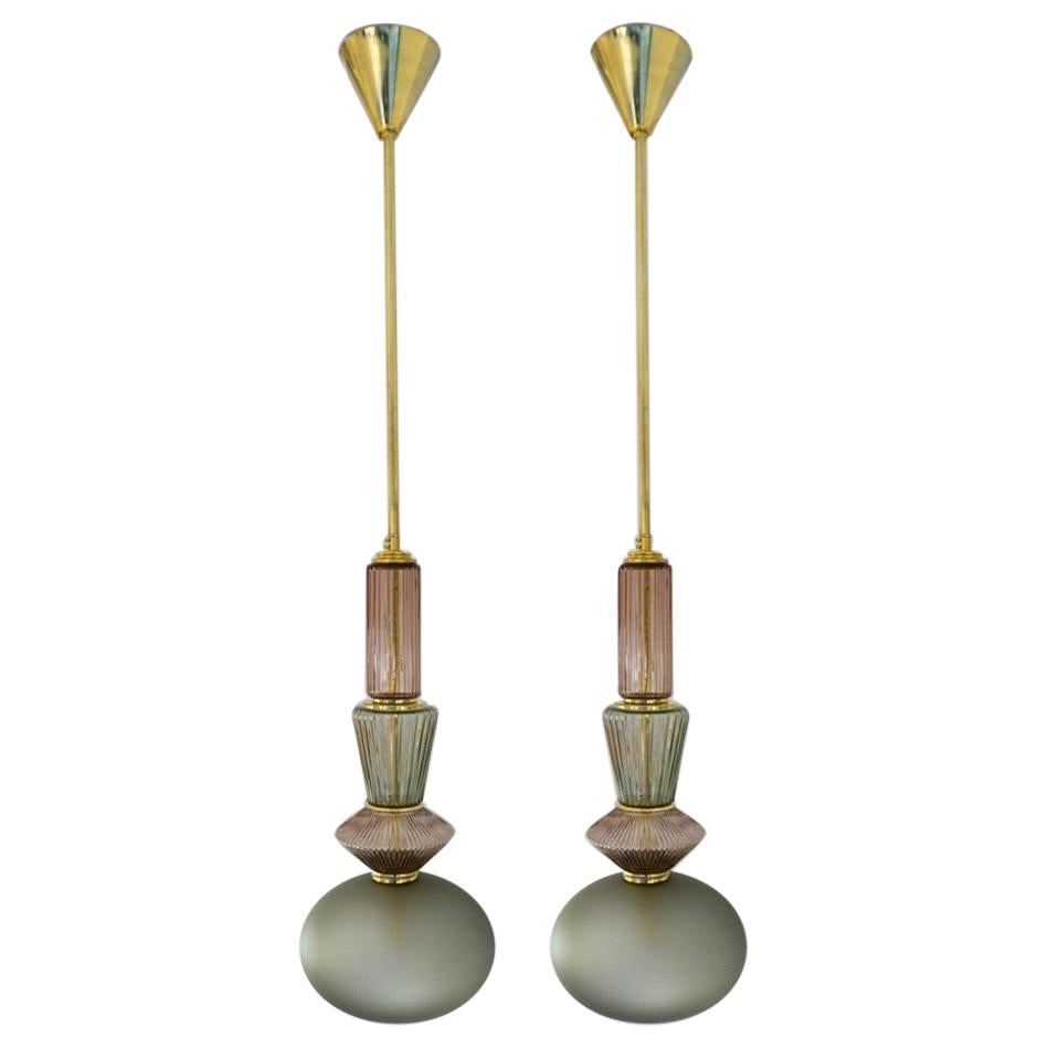 Bespoke Organic Amethyst Gray Green Murano Glass Brass Pendant Light In New Condition In New York, NY
