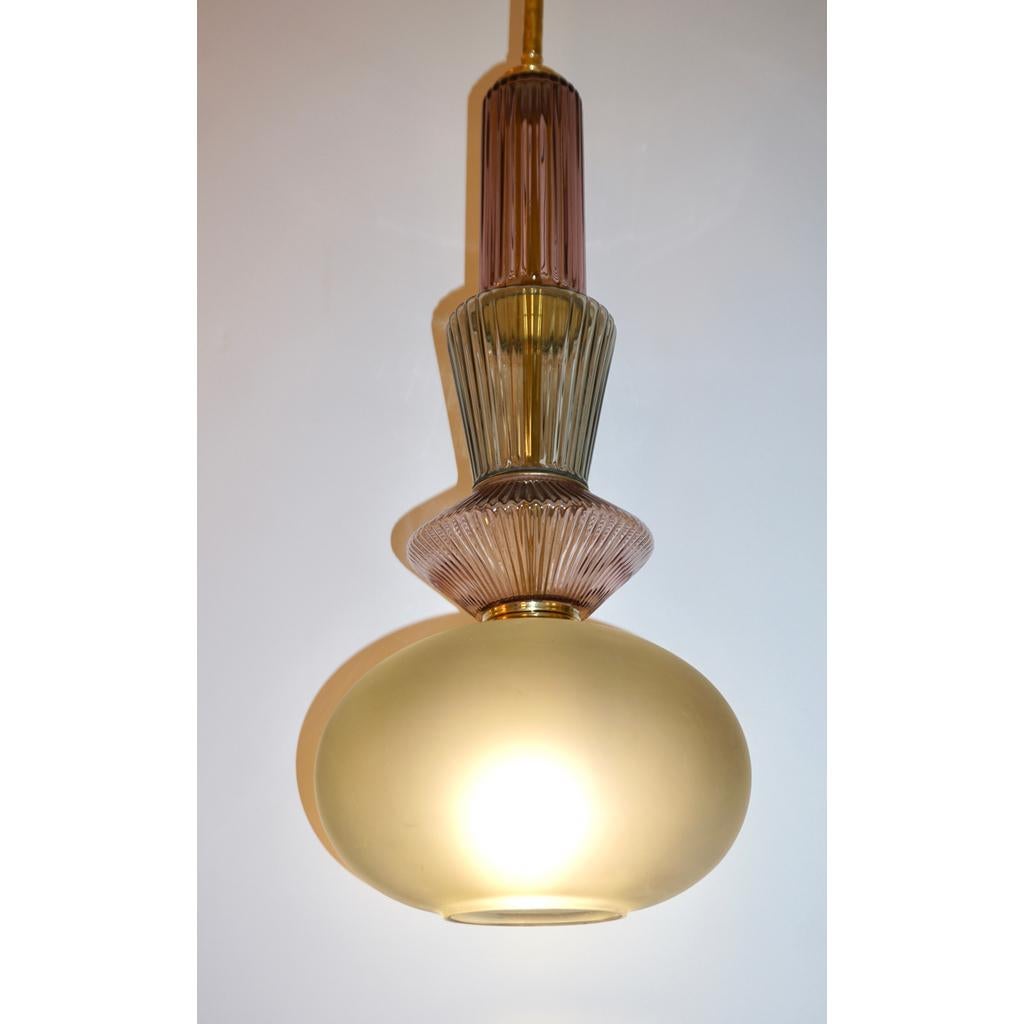 Bespoke Organic Amethyst Gray Green Murano Glass Brass Pendant Light In New Condition For Sale In New York, NY