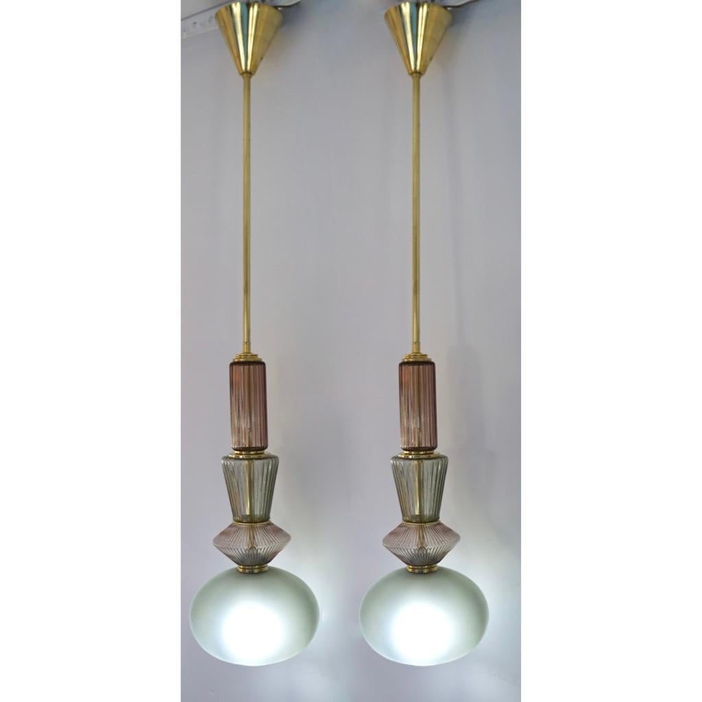 Contemporary Bespoke Organic Amethyst Gray Green Murano Glass Brass Pendant Light