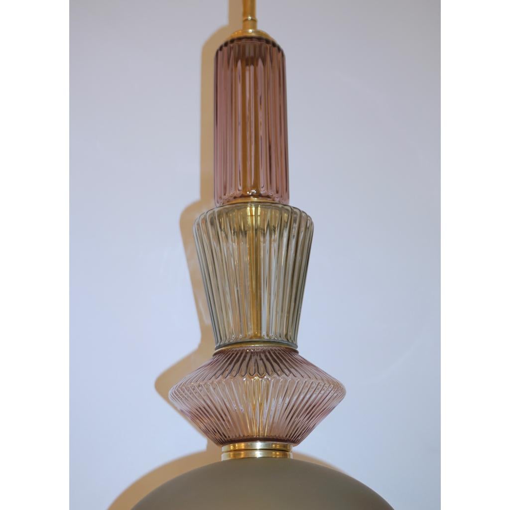 Bespoke Organic Amethyst Gray Green Murano Glass Brass Pendant Light For Sale 2