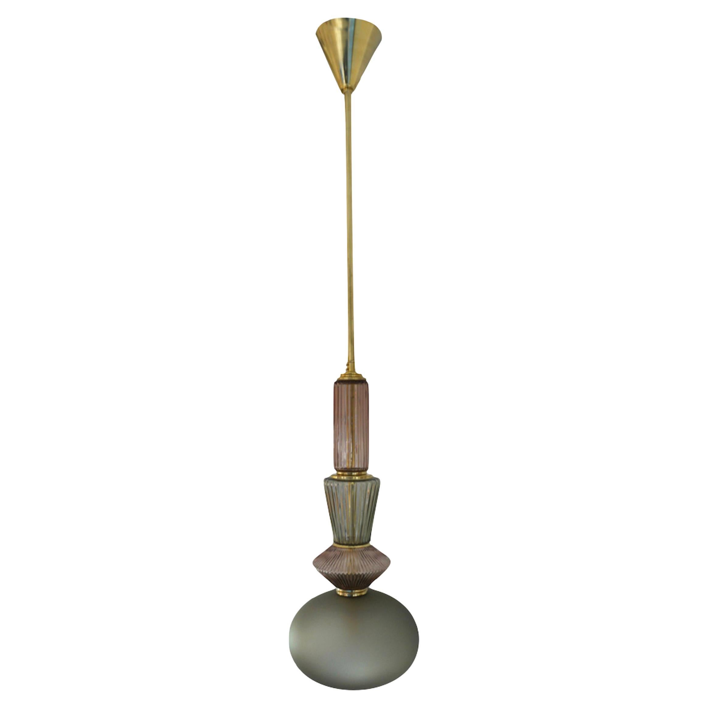 Bespoke Organic Amethyst Gray Green Murano Glass Brass Pendant Light For Sale
