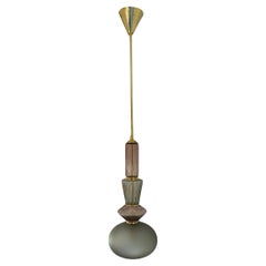 Lampe à suspension en laiton et verre de Murano en améthyste organique grise et verte sur mesure