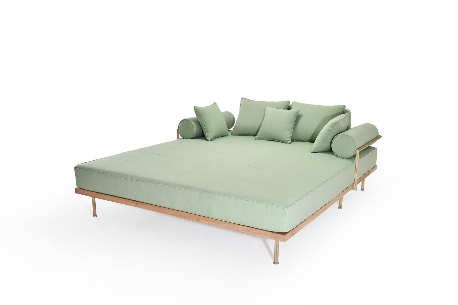 Mid-Century Modern Bespoke Outdoor Lounge Bed in Brass & Bleached Hardwood Frame, by P. Tendercool For Sale