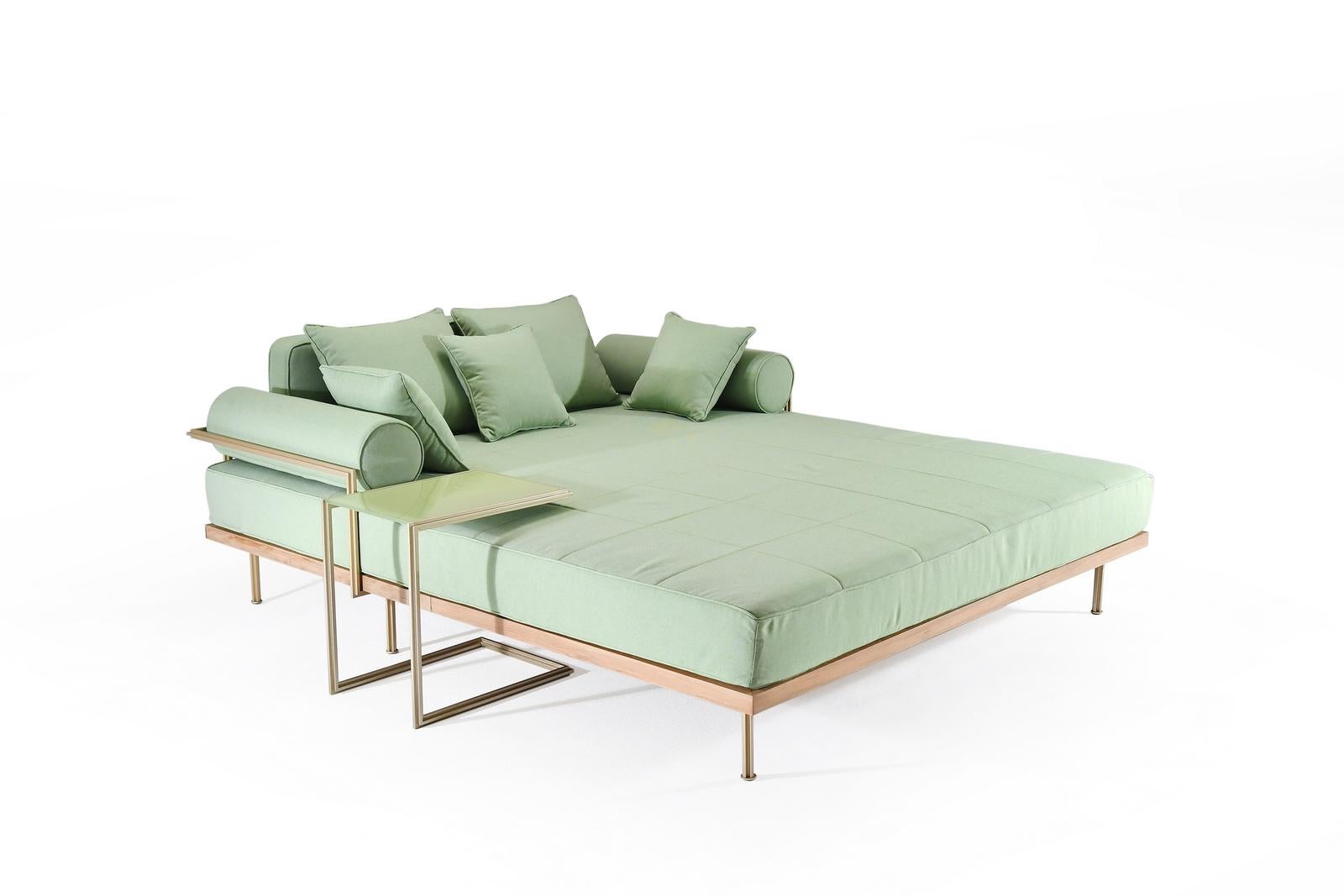 Fabric Bespoke Outdoor Lounge Bed in Brass & Bleached Hardwood Frame, by P. Tendercool For Sale