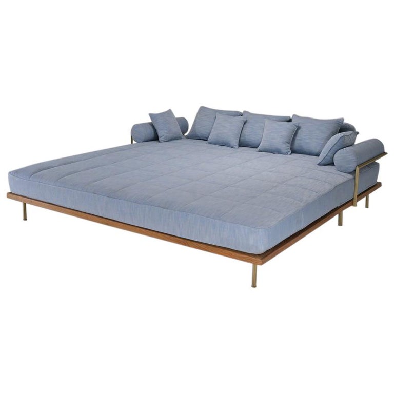 Bespoke Outdoor Lounge Bed in Brass & Reclaimed Hardwood Frame, by P. Tendercool For Sale