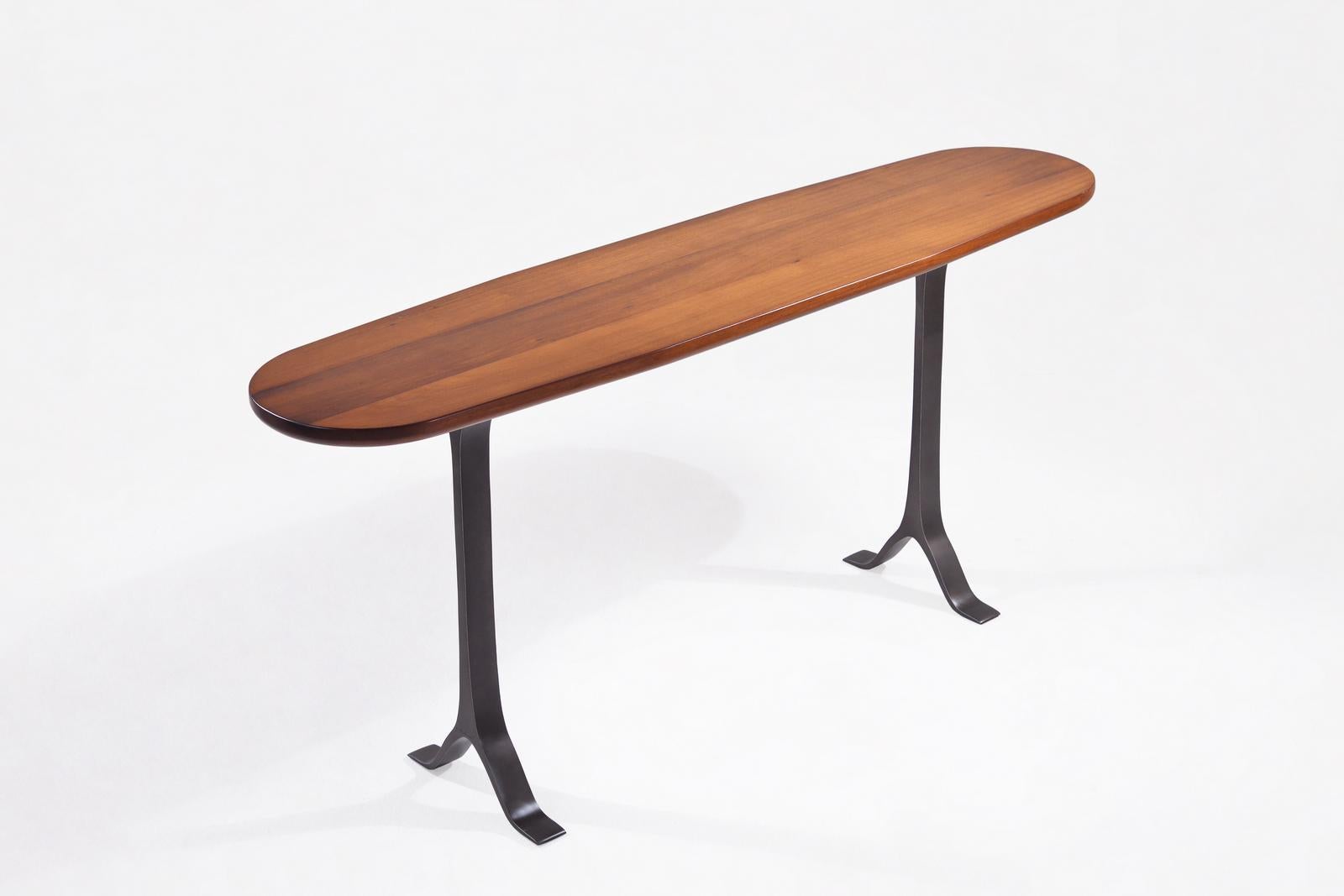 Mid-Century Modern Bespoke Oval Console Reclaimed Hardwood with Aluminum Base, by P. Tendercool For Sale