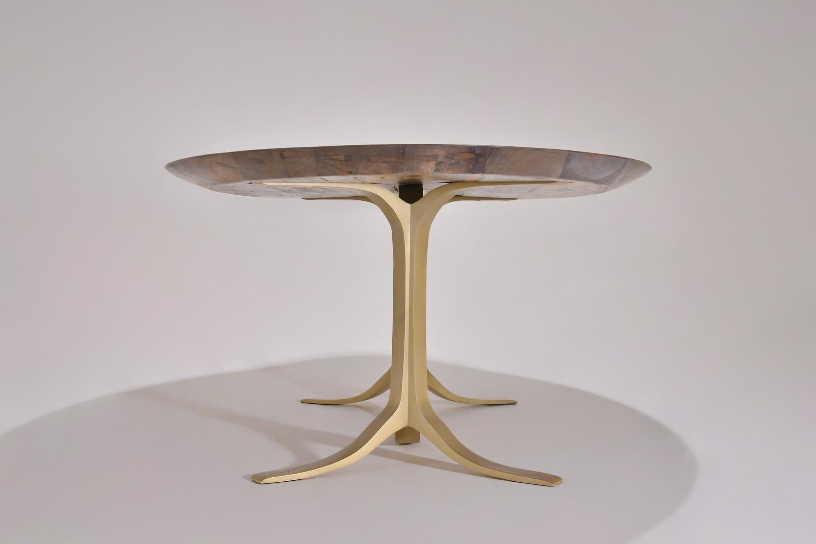 Minimalist Bespoke Oval Table, Reclaimed Hardwood, Brown Brass Base, P. Tendercool In stock For Sale
