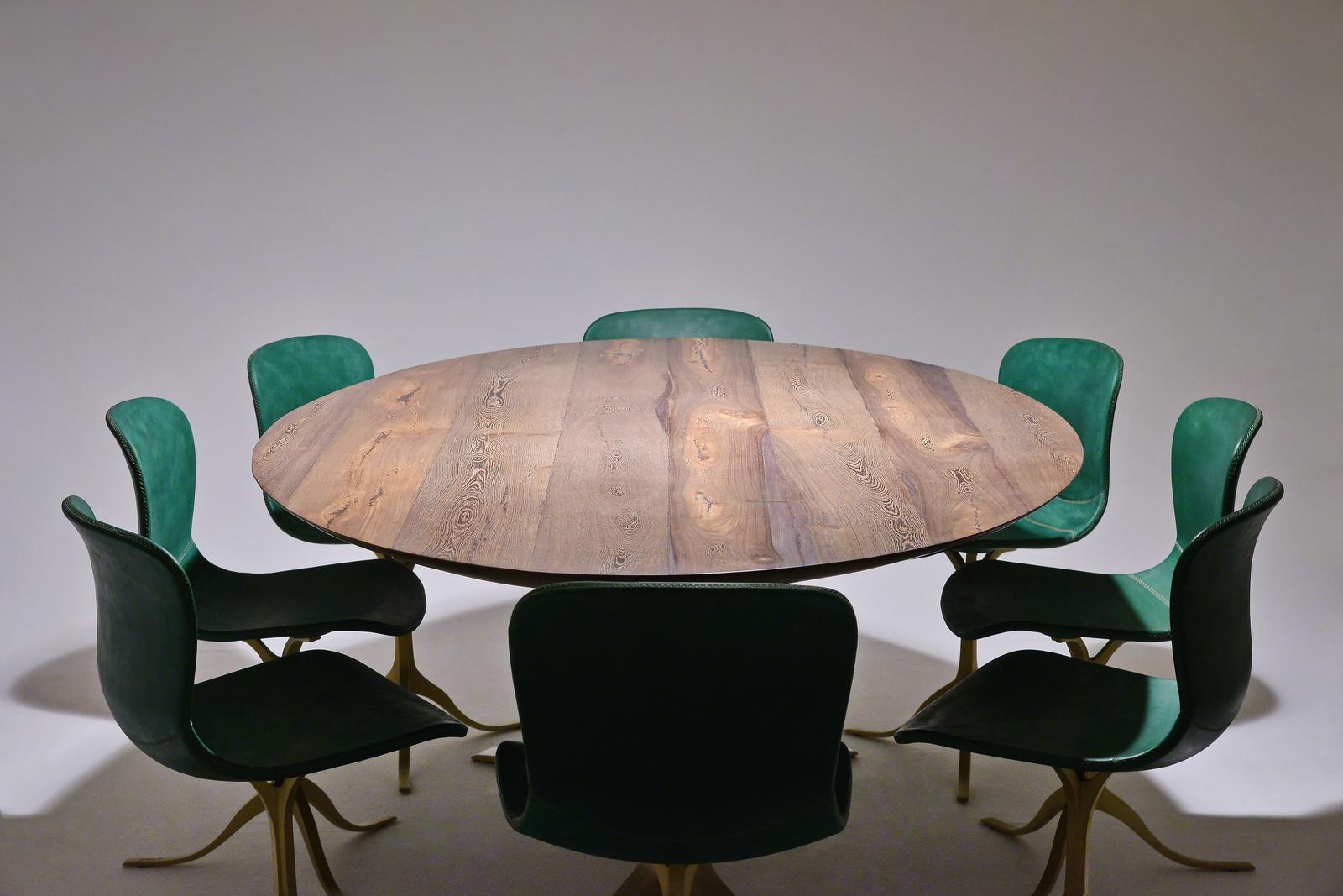 Cast Bespoke Oval Table, Reclaimed Hardwood, Brown Brass Base, P. Tendercool In stock For Sale