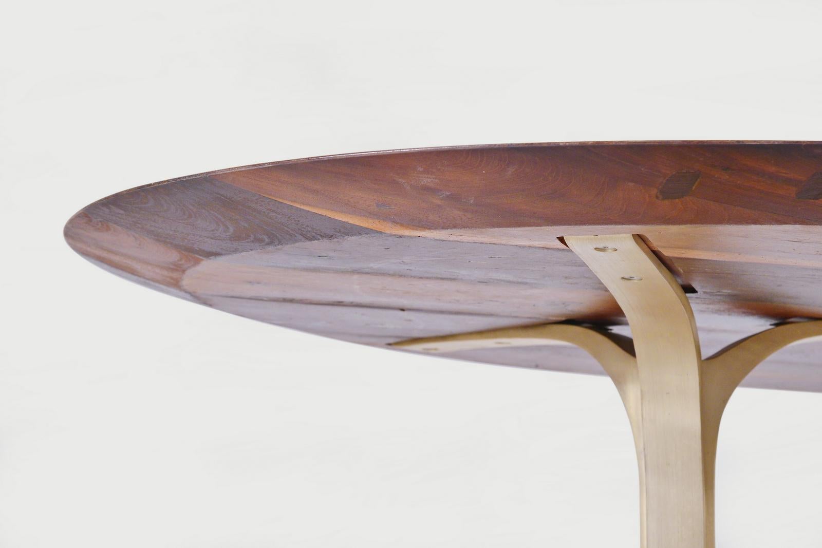 Bespoke Oval Table, Reclaimed Hardwood with Brass Base, by P. Tendercool For Sale 4
