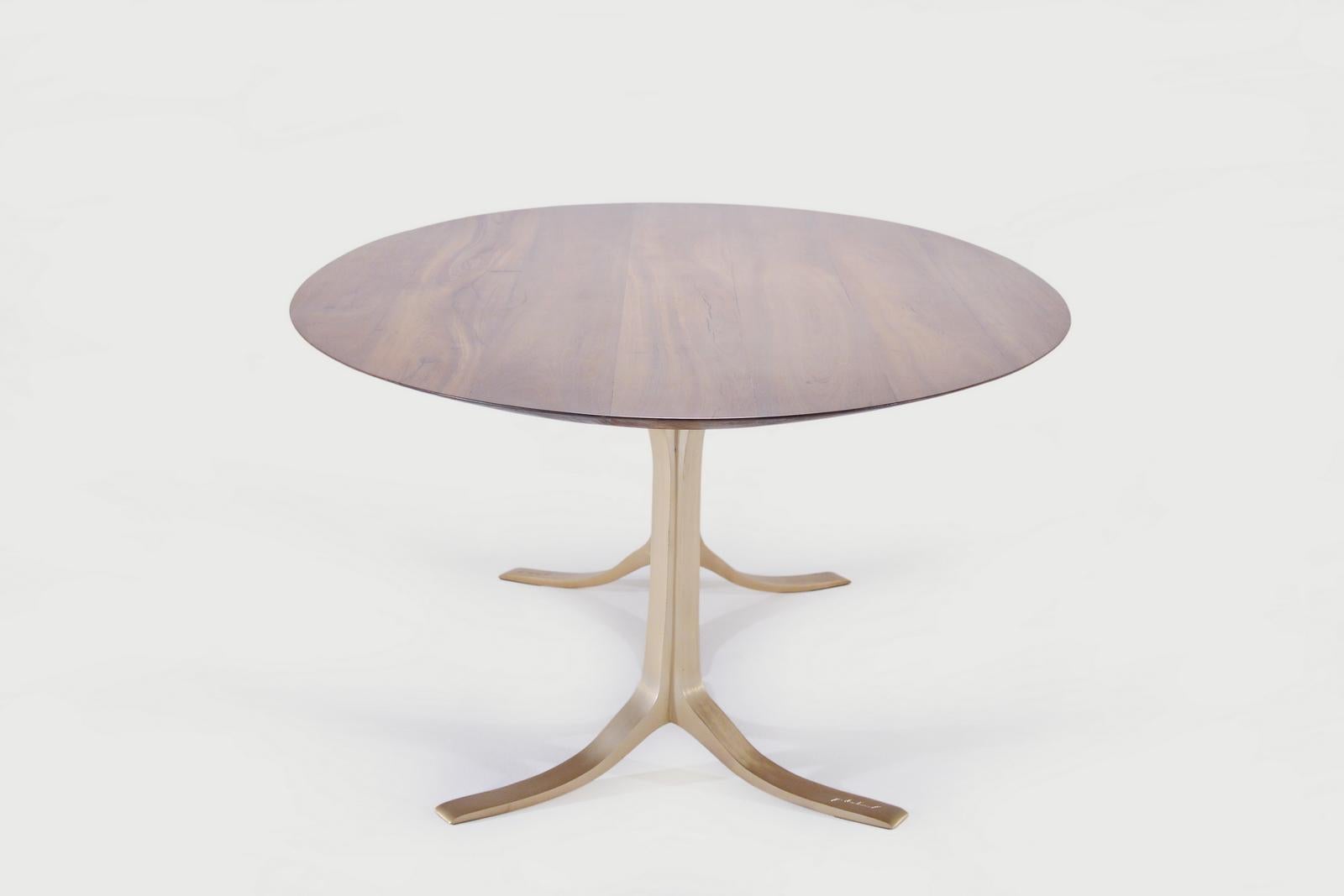 Minimalist Bespoke Oval Table, Reclaimed Hardwood with Brass Base, by P. Tendercool For Sale