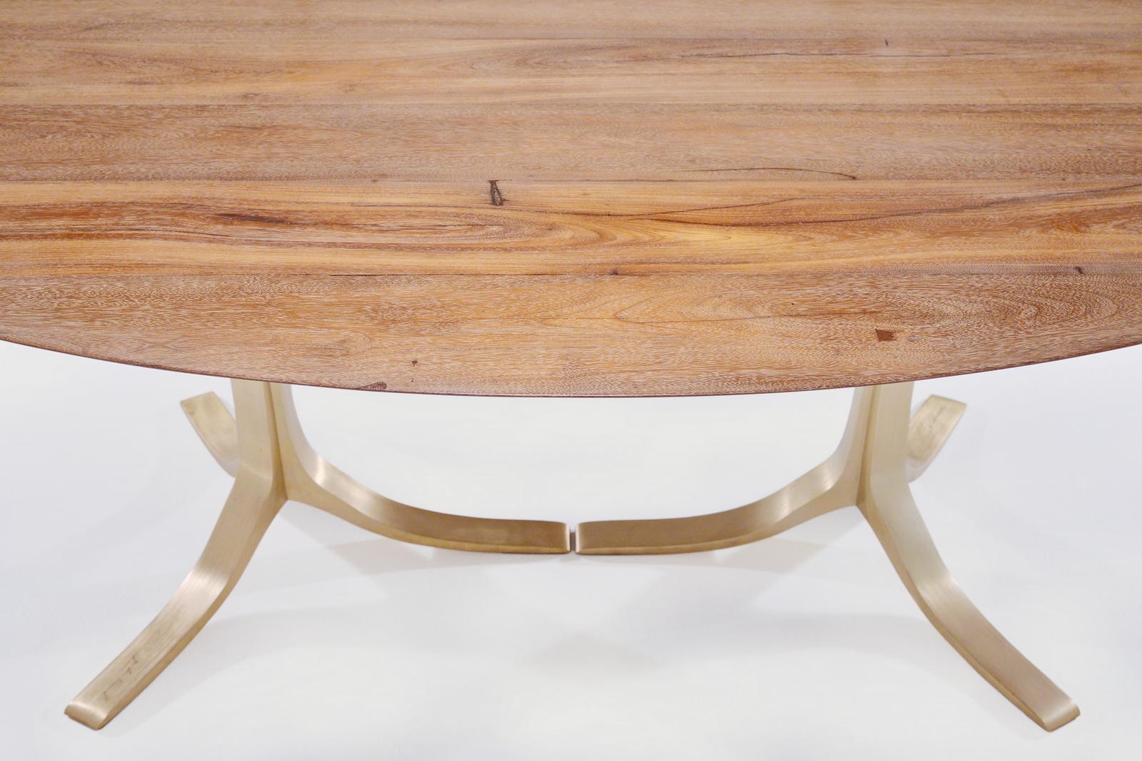 Contemporary Bespoke Oval Table, Reclaimed Hardwood with Brass Base, by P. Tendercool For Sale