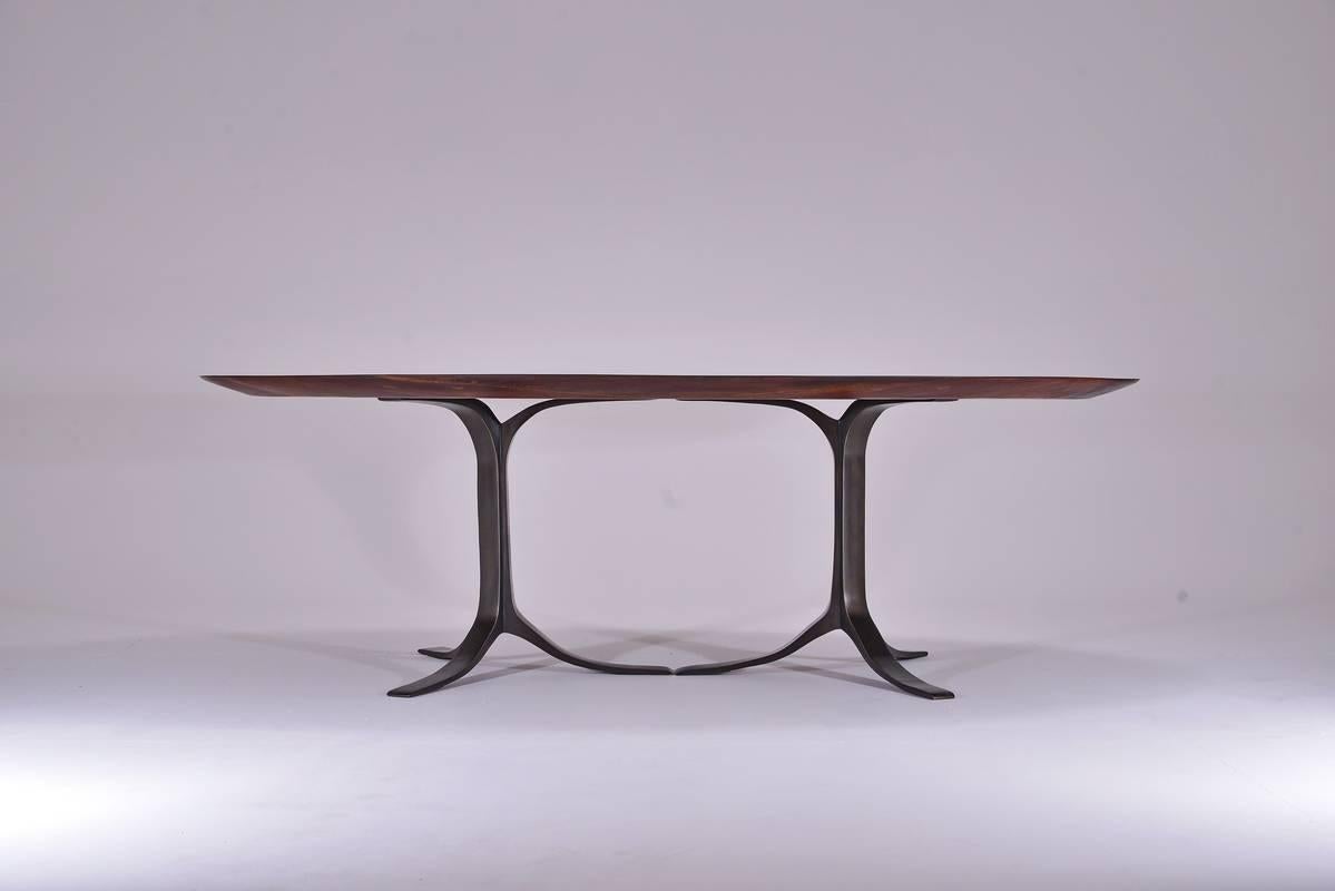 Minimalist Bespoke Oval Table, Reclaimed Hardwood with Brown Brass Base, by P. Tendercool  For Sale