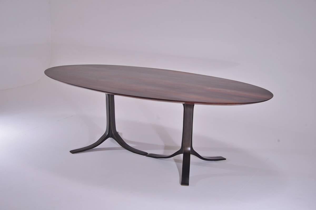 Thai Bespoke Oval Table, Reclaimed Hardwood with Brown Brass Base, by P. Tendercool  For Sale