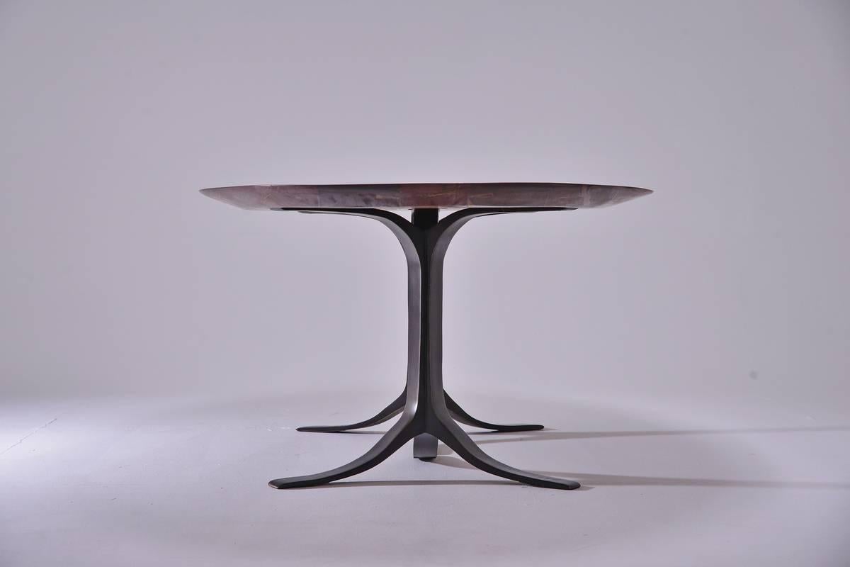 Cast Bespoke Oval Table, Reclaimed Hardwood with Brown Brass Base, by P. Tendercool  For Sale