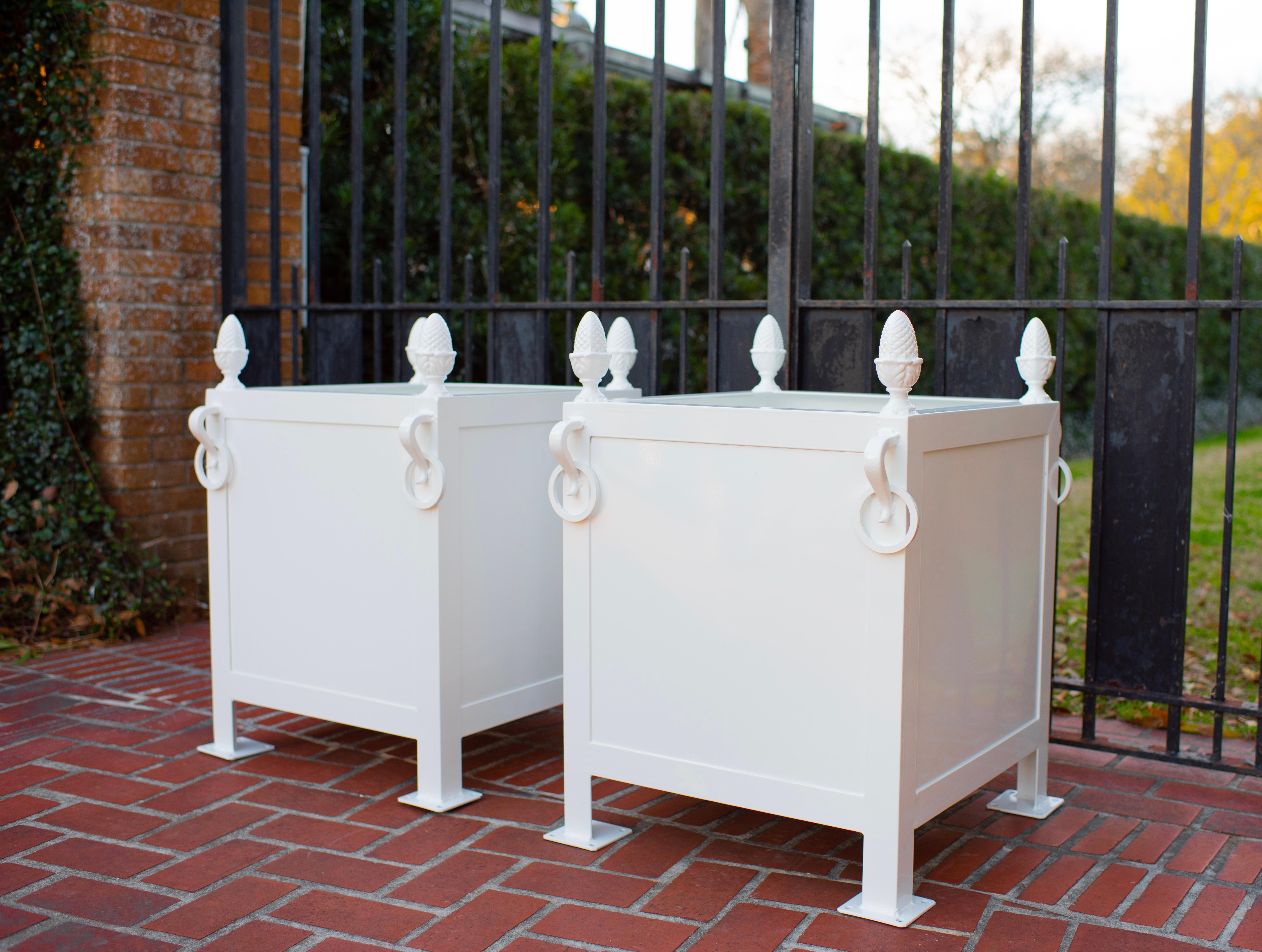 Pair of Large Square French Style steel and cast iron orangerie planter boxes in lacquered white (as these are custom made to order, customers may request any color from the Benjamin Moore collection). Handcrafted in New Orleans by local metalsmiths