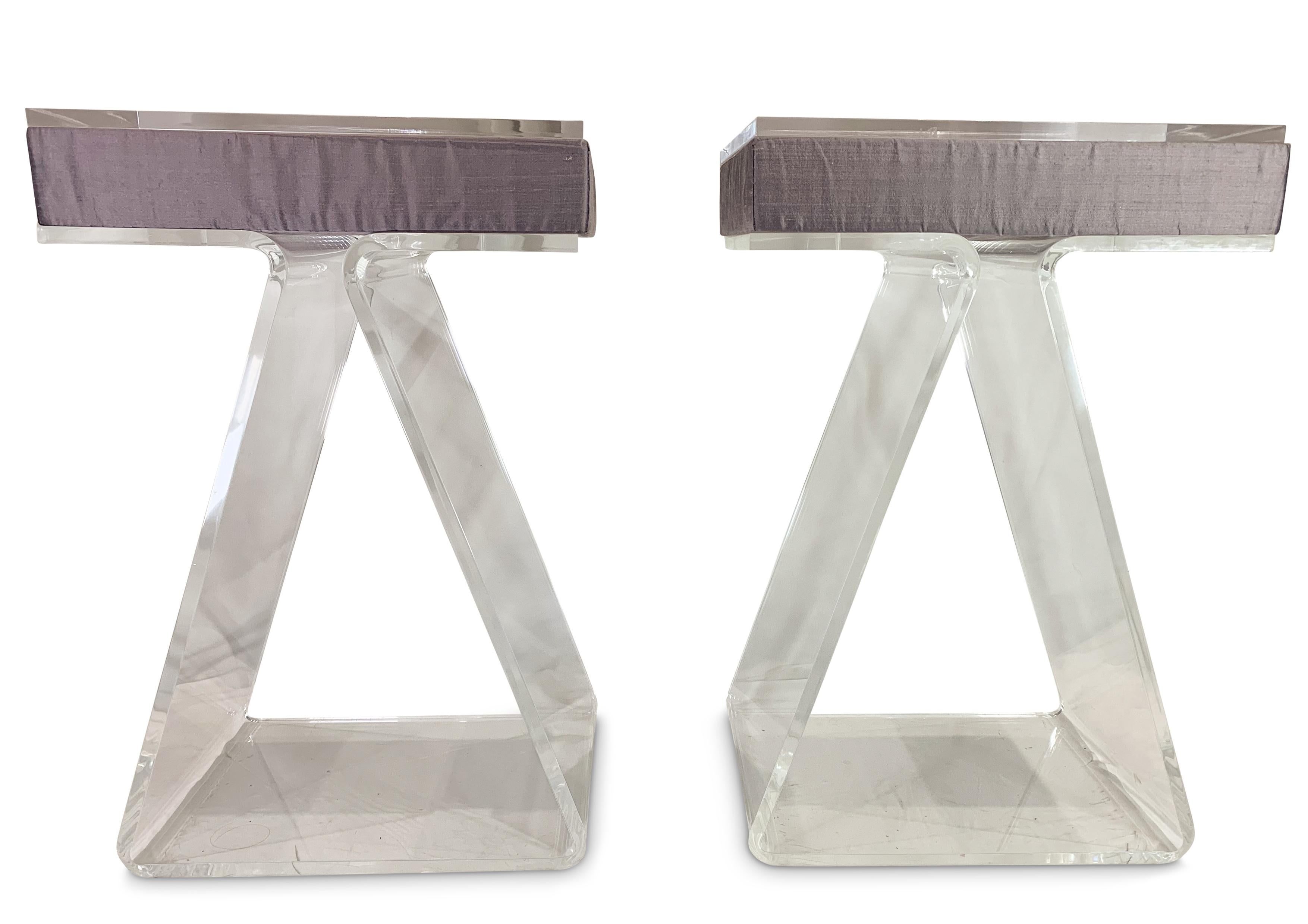 A Bespoke Matching Pair of Lucite Bedroom Pedestal Tables Each Fitted With A Shot Silk Purple Cushion in the Style of The Lucite Z Table By John Mascheroni

A modernist take on the bedroom pedestal, cushions can be removed to have lucite alone.

As