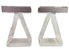 Bespoke Pair of Lucite Bedroom Pedestal Tables With Purple Silk Cushion Idents
