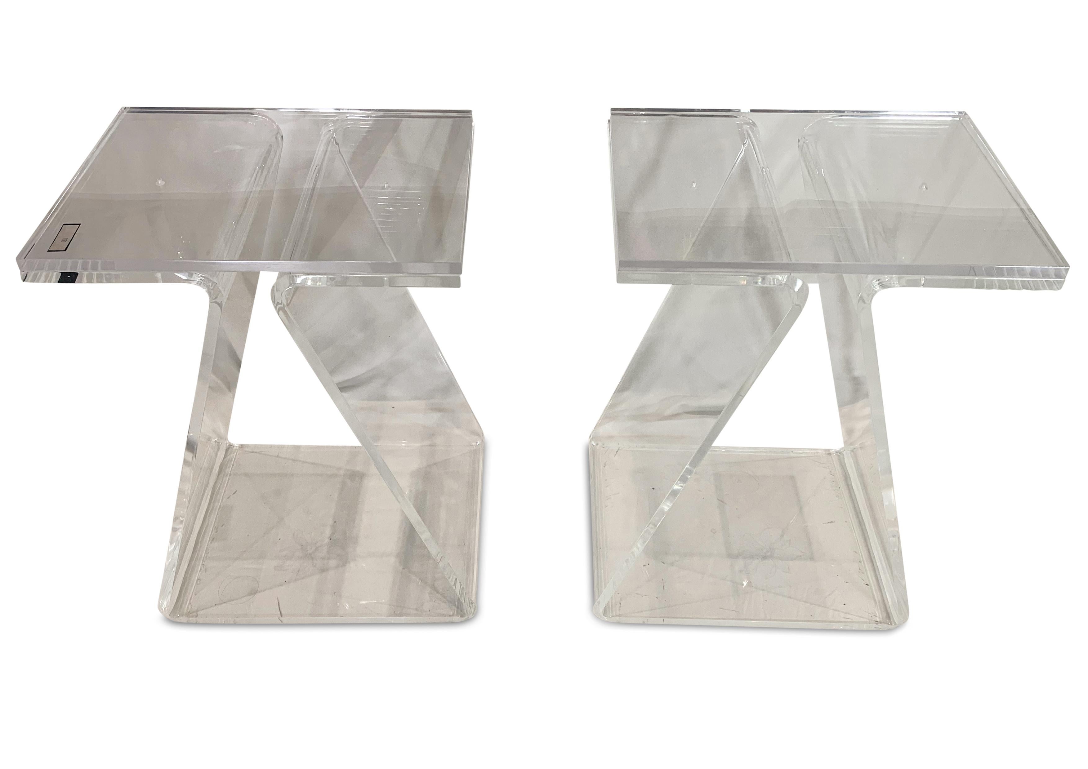 Hollywood Regency Bespoke Pair of Lucite Bedroom Pedestal Tables With Purple Silk Cushion Idents For Sale