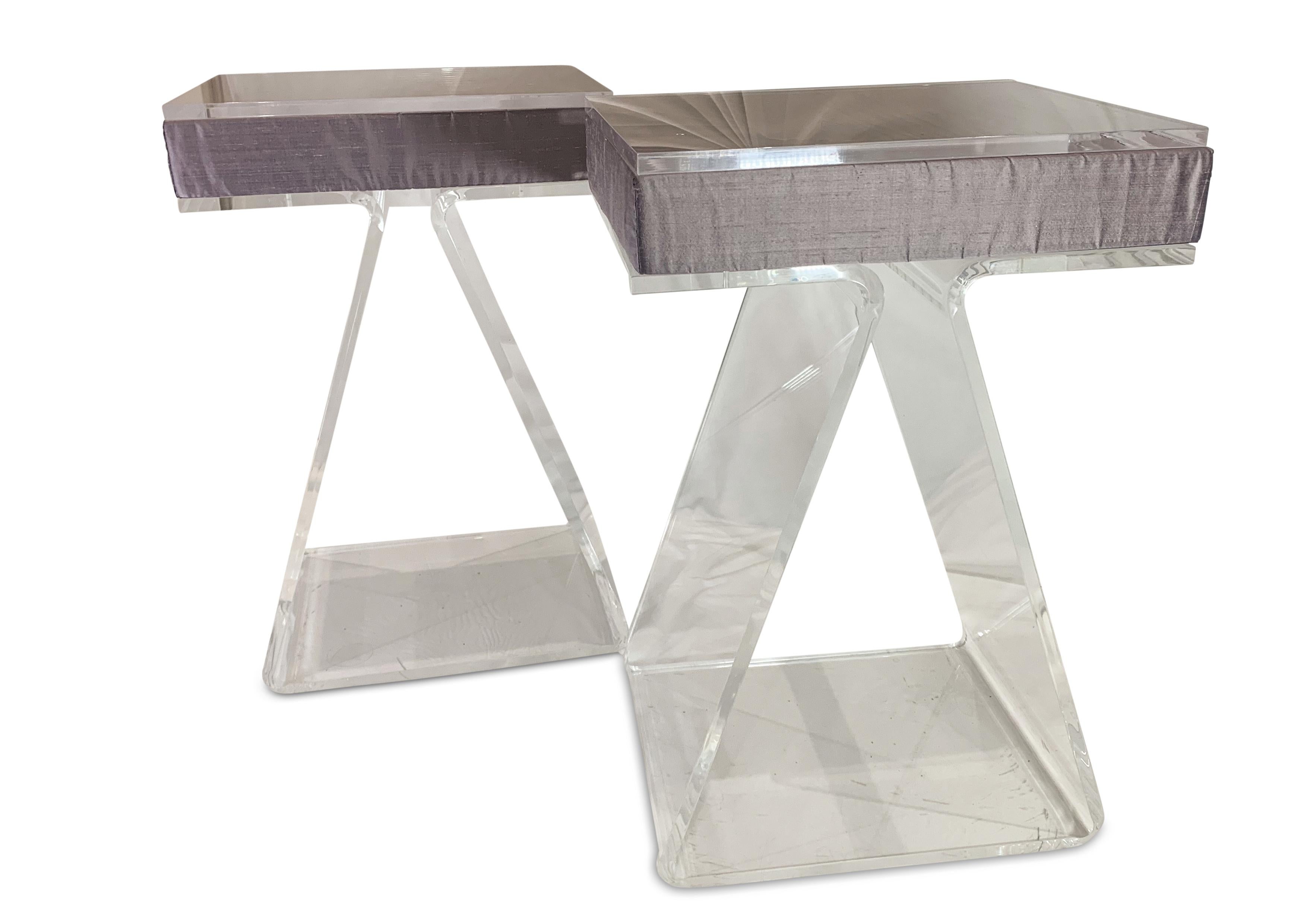 American Bespoke Pair of Lucite Bedroom Pedestal Tables With Purple Silk Cushion Idents For Sale