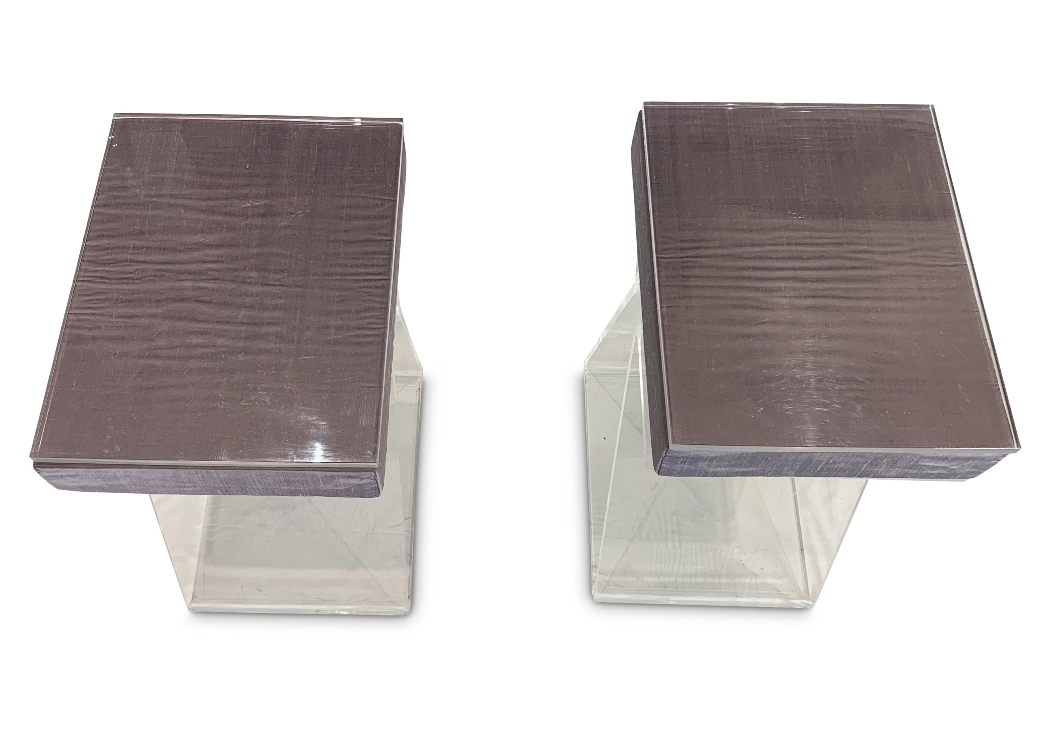 20th Century Bespoke Pair of Lucite Bedroom Pedestal Tables With Purple Silk Cushion Idents For Sale