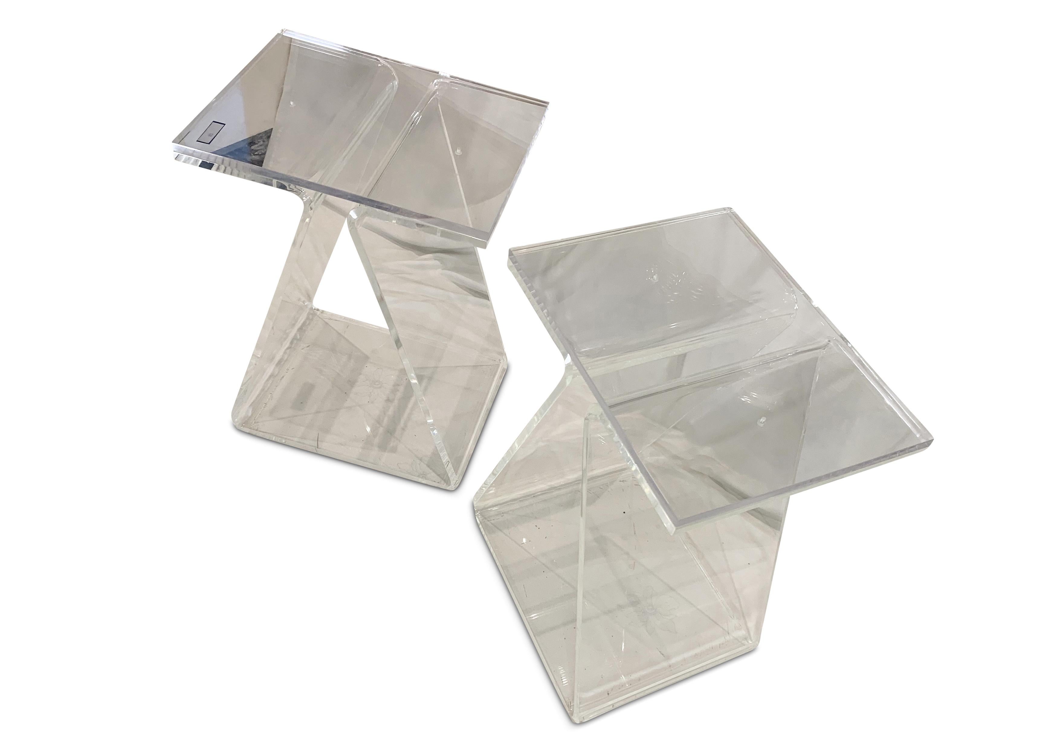Bespoke Pair of Lucite Bedroom Pedestal Tables With Purple Silk Cushion Idents For Sale 1