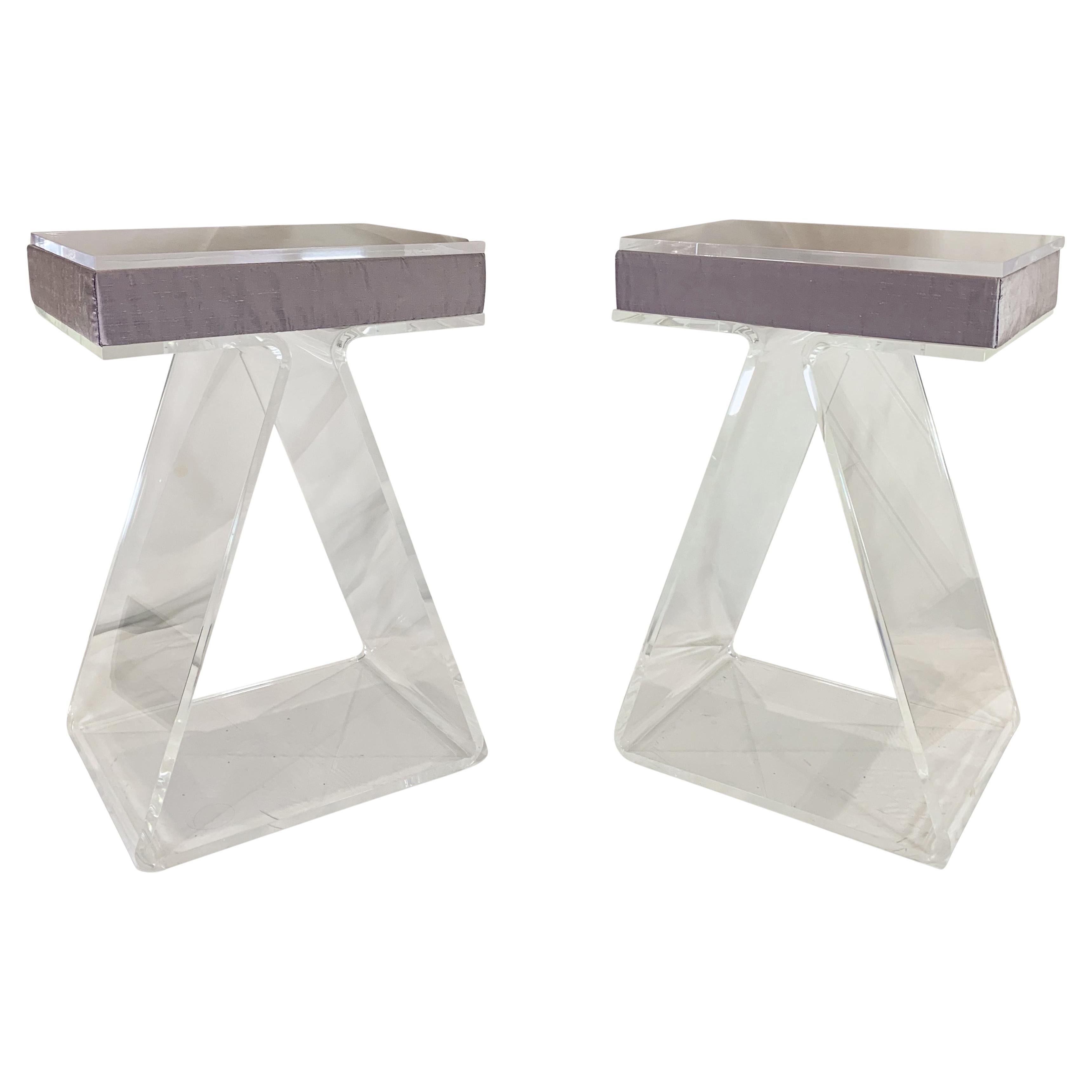 Bespoke Pair of Lucite Bedroom Pedestal Tables With Purple Silk Cushion Idents For Sale