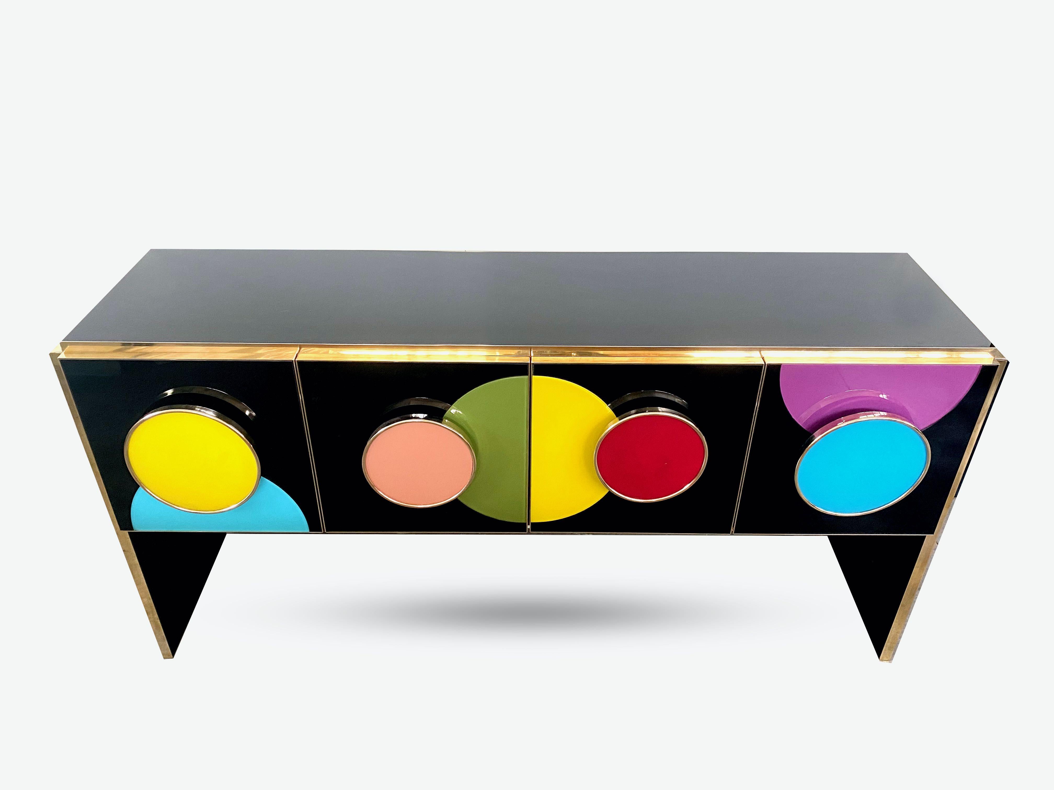 Bespoke Postmodern Style Colored Glass and Brass Console Sideboard In New Condition For Sale In London, London