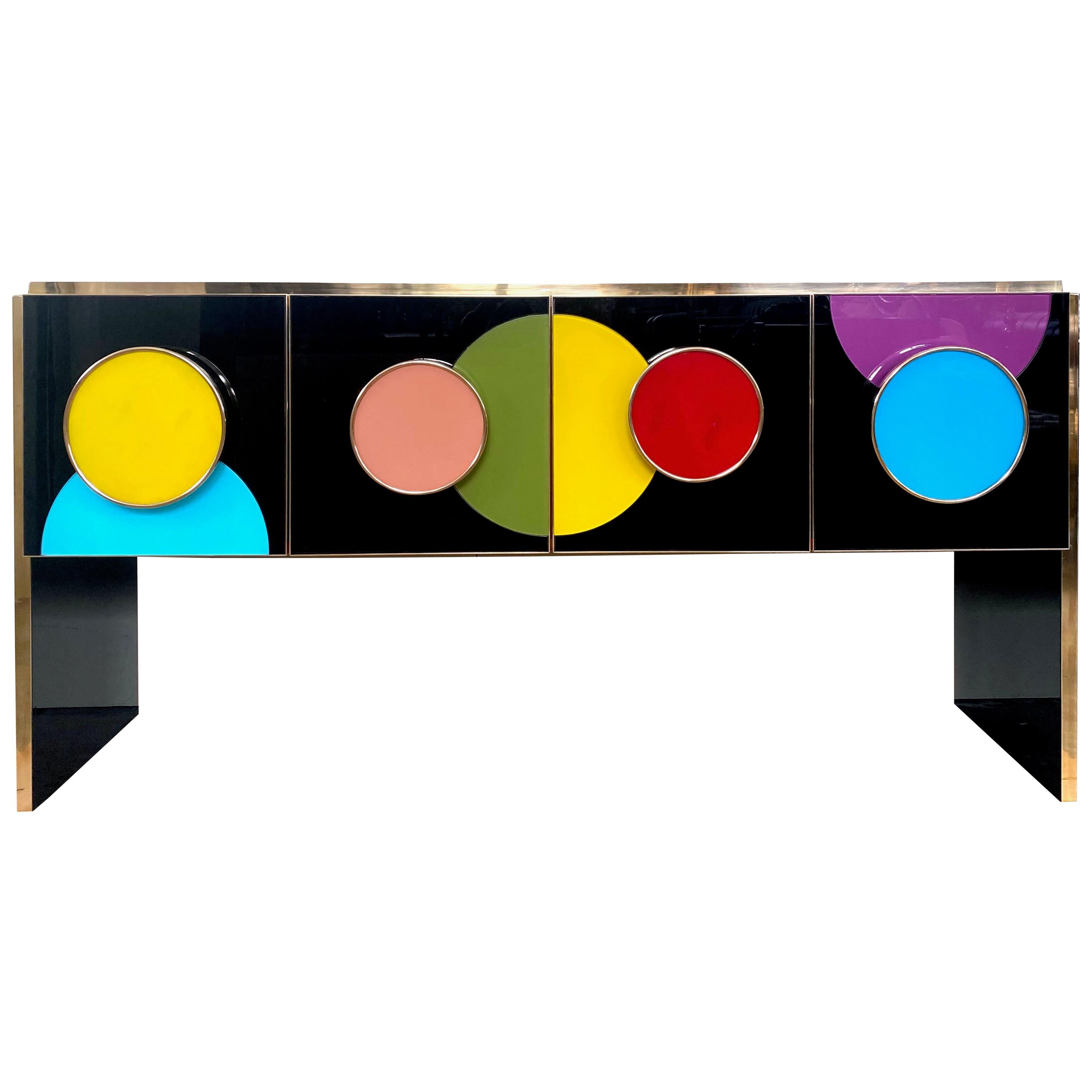 Bespoke Postmodern Style Colored Glass and Brass Console Sideboard For Sale