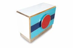 Bespoke Postmodern Style Colored Glass and Brass Cabinet