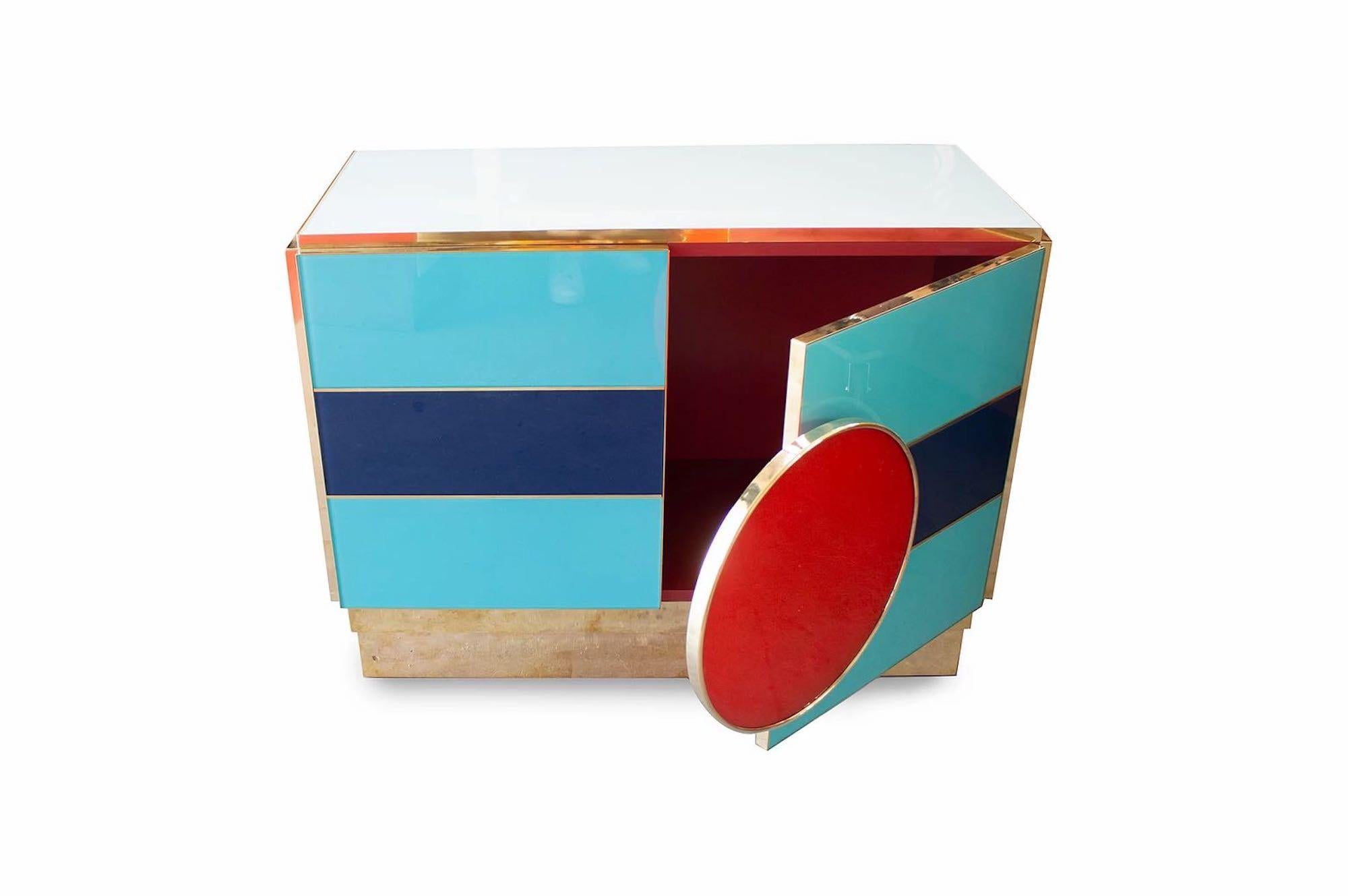 Post-Modern Bespoke Postmodern Style Colored Glass and Brass Cabinet For Sale