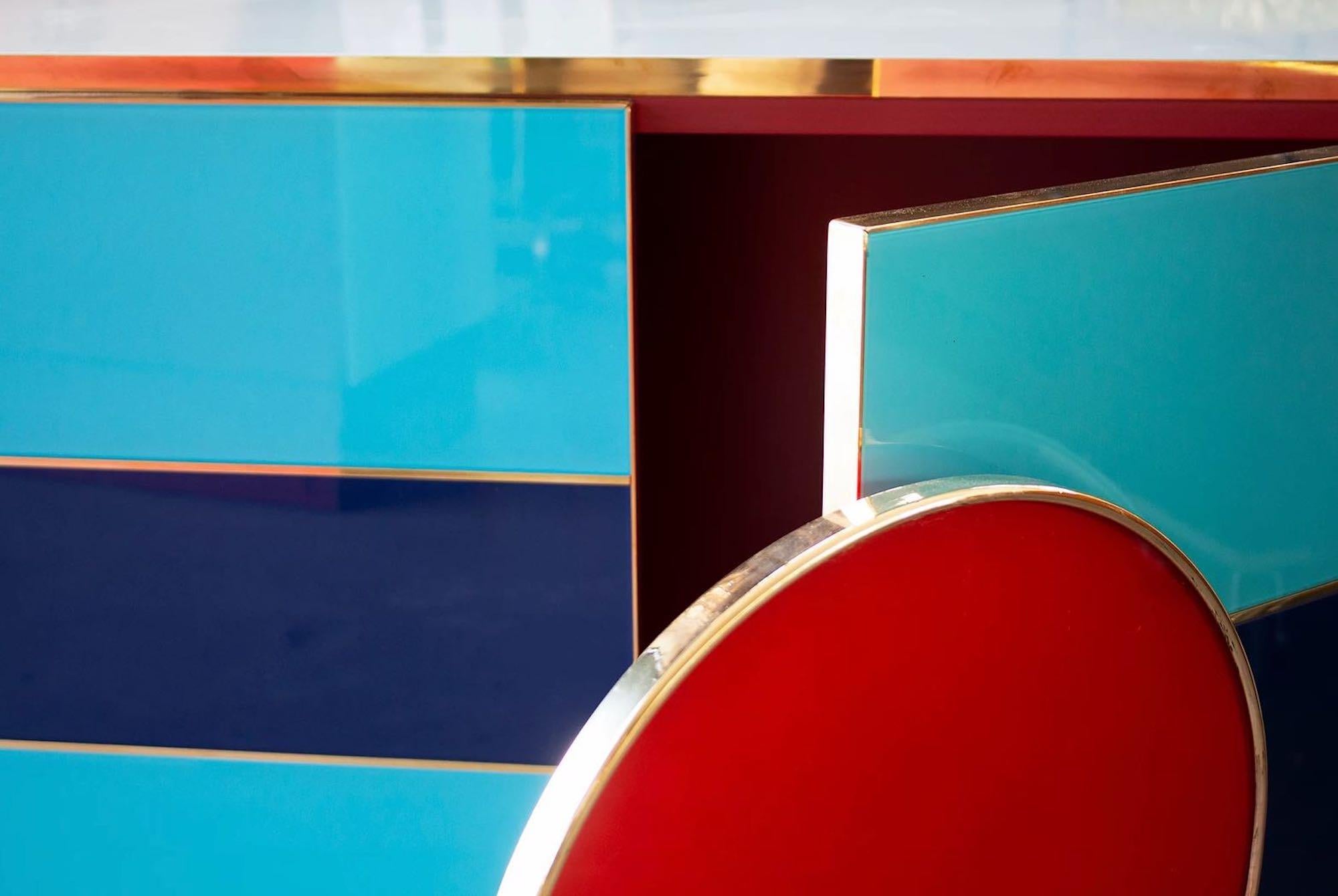 Bespoke Postmodern Style Colored Glass and Brass Cabinet In New Condition For Sale In London, London