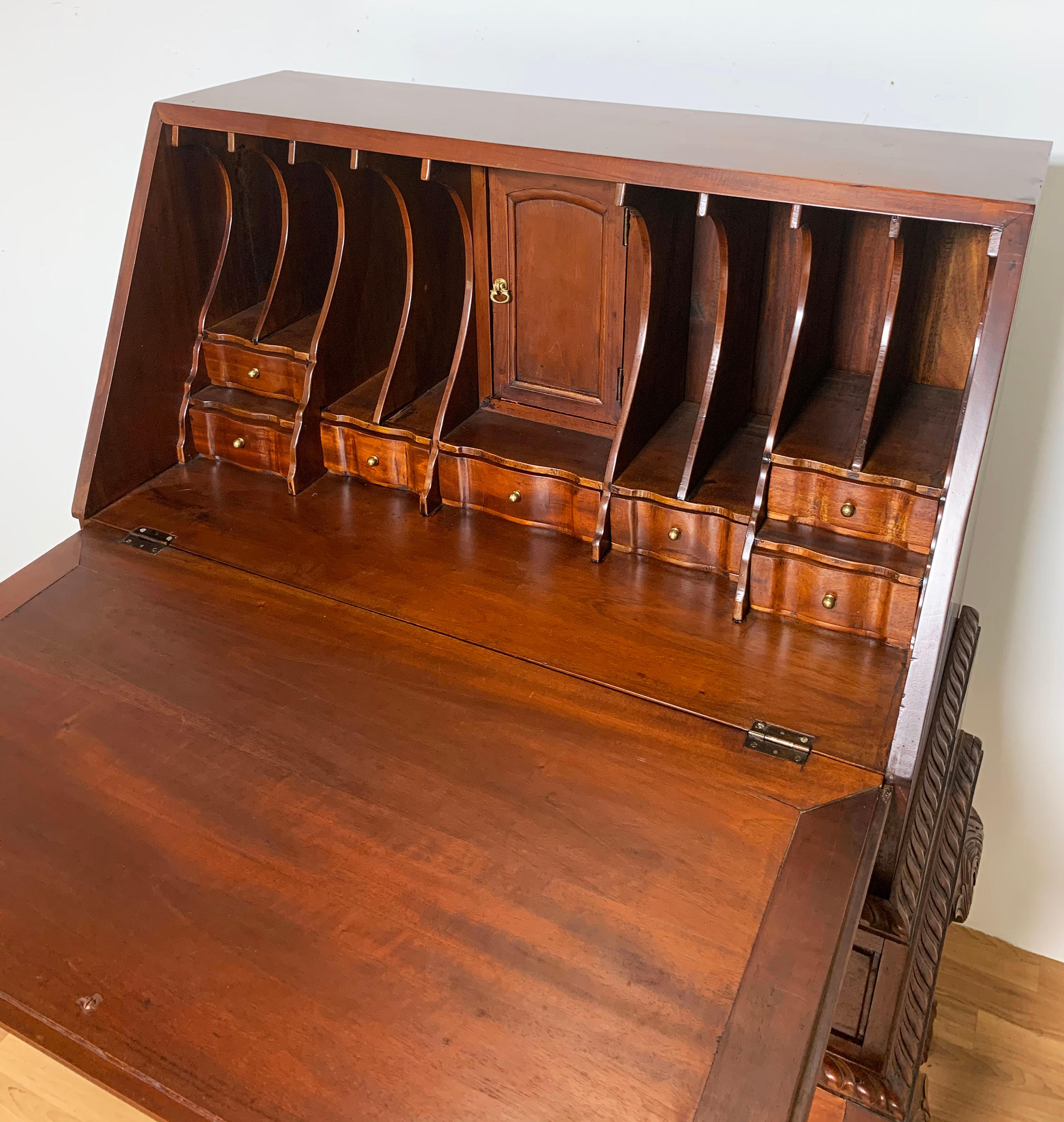 Bespoke Queen Anne Style Mahogany Drop Front Desk on Frame In Good Condition In Peabody, MA