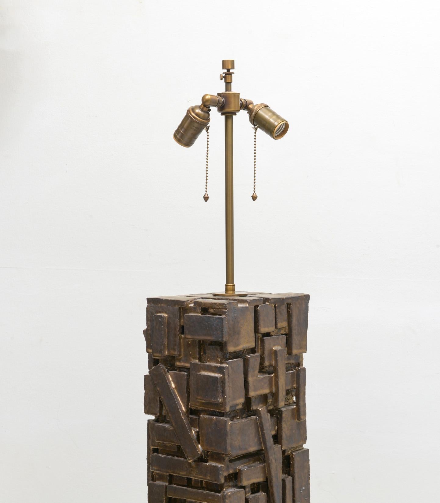 Brutalist Bespoke Rectangular Sculptural Ceramic Dark Glazed Table Lamp For Sale