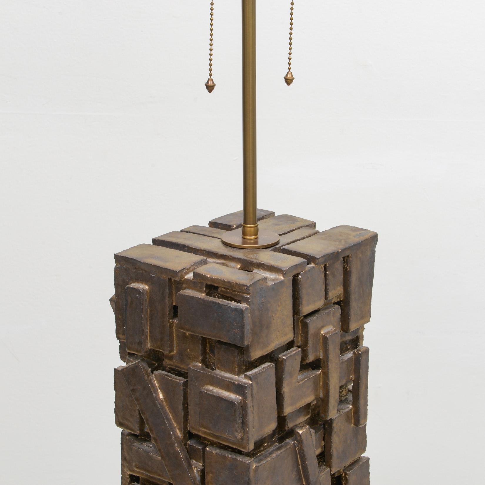 American Bespoke Rectangular Sculptural Ceramic Dark Glazed Table Lamp For Sale
