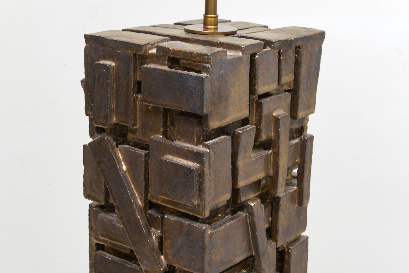 Bespoke Rectangular Sculptural Ceramic Dark Glazed Table Lamp In New Condition For Sale In New York, NY