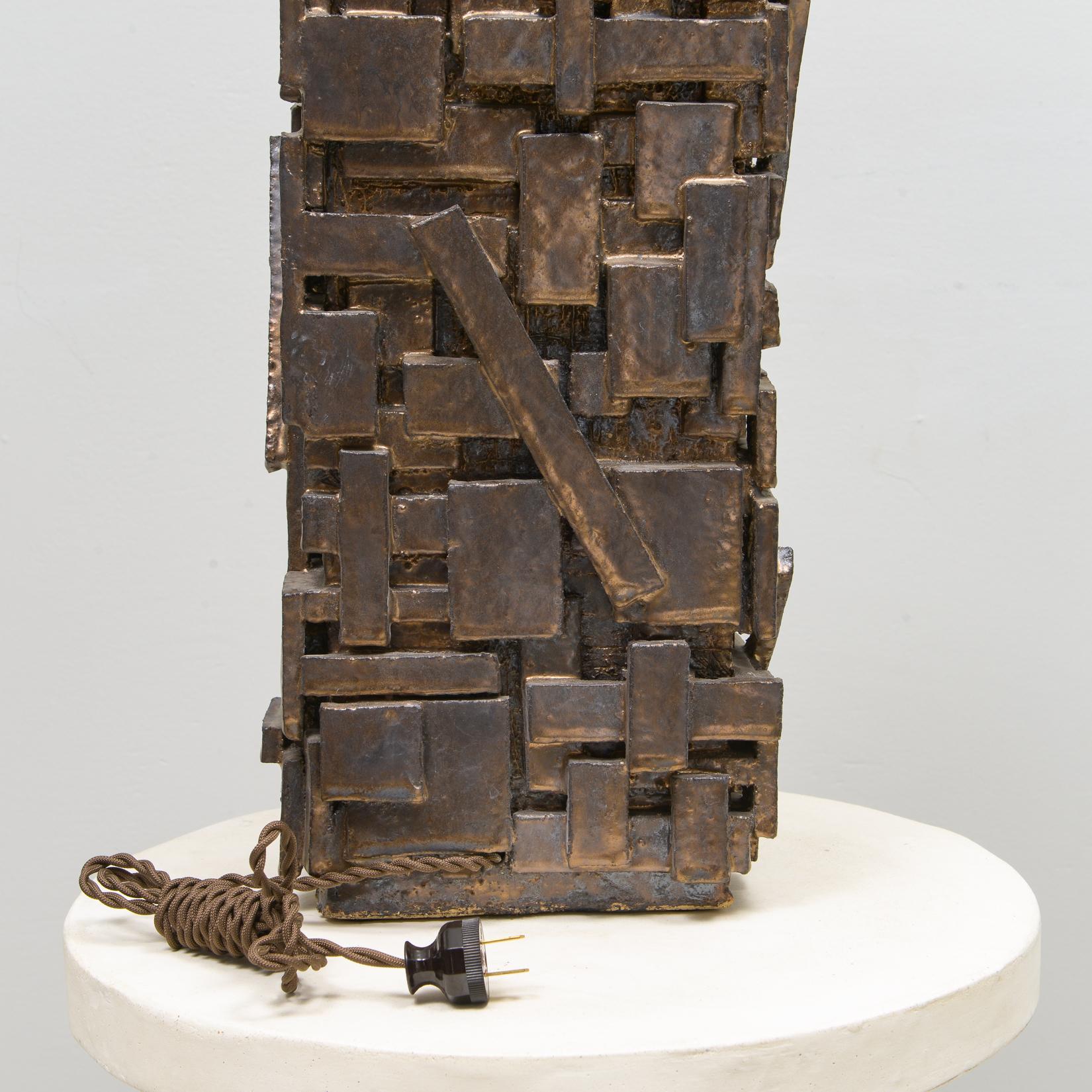 Contemporary Bespoke Rectangular Sculptural Ceramic Dark Glazed Table Lamp For Sale