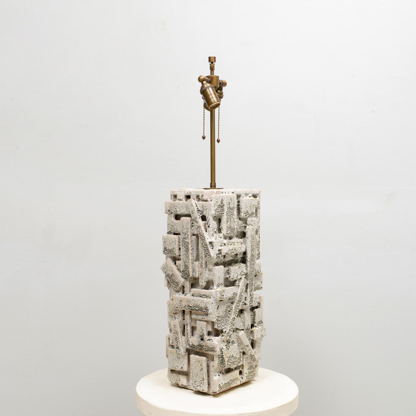 Brutalist Bespoke Rectangular Sculptural Ceramic White Glazed Table Lamp For Sale