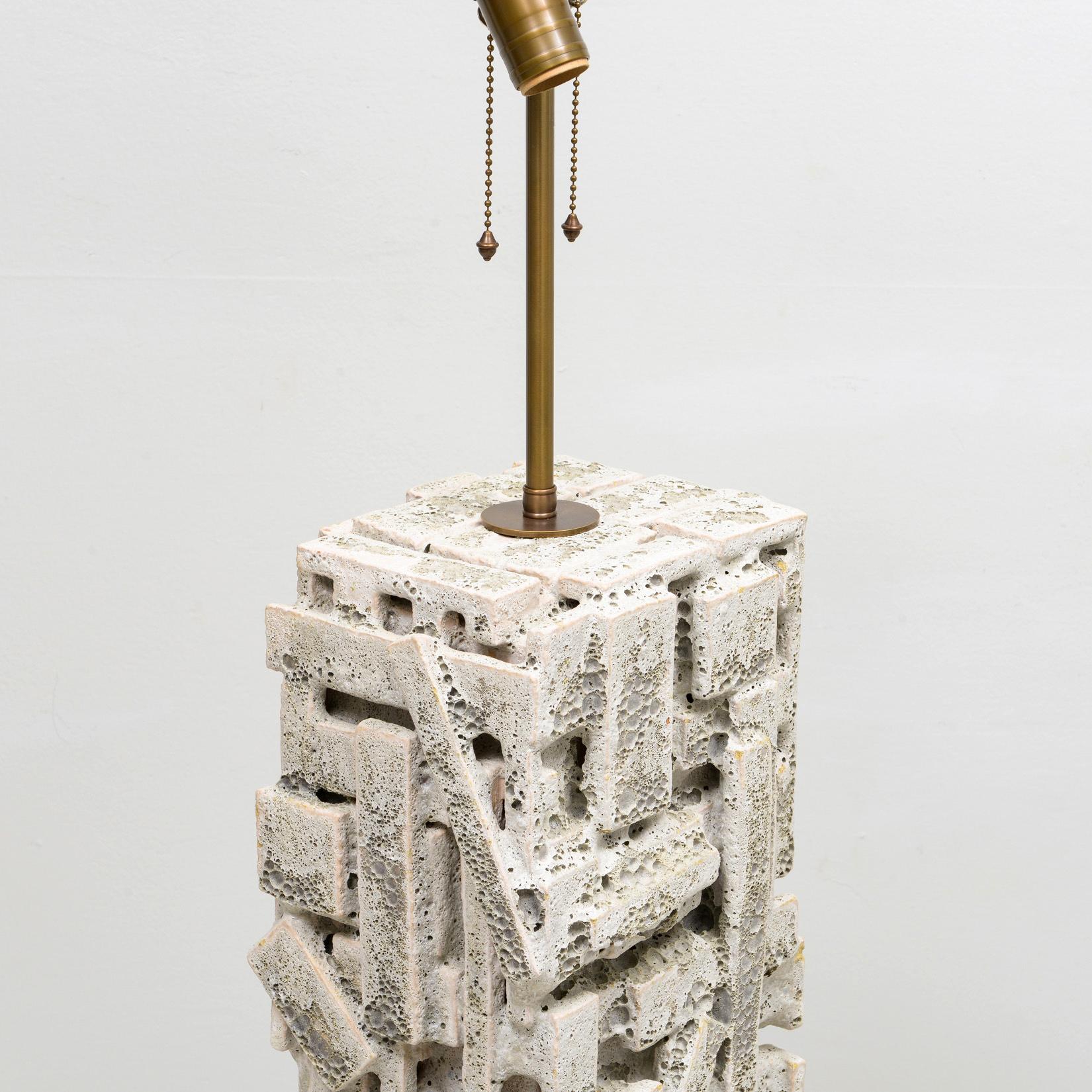 American Bespoke Rectangular Sculptural Ceramic White Glazed Table Lamp For Sale