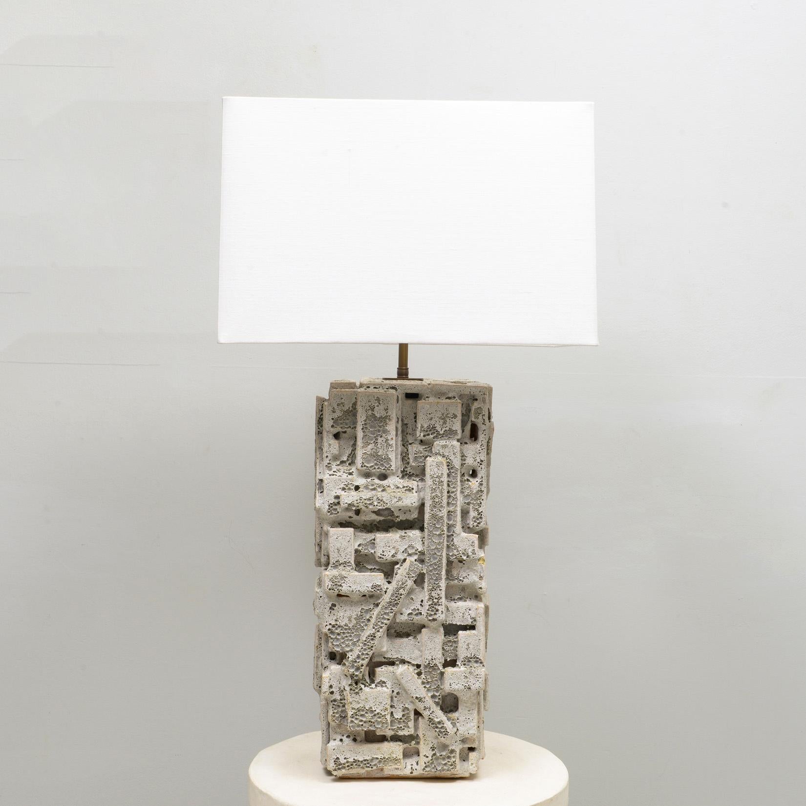Brass Bespoke Rectangular Sculptural Ceramic White Glazed Table Lamp For Sale