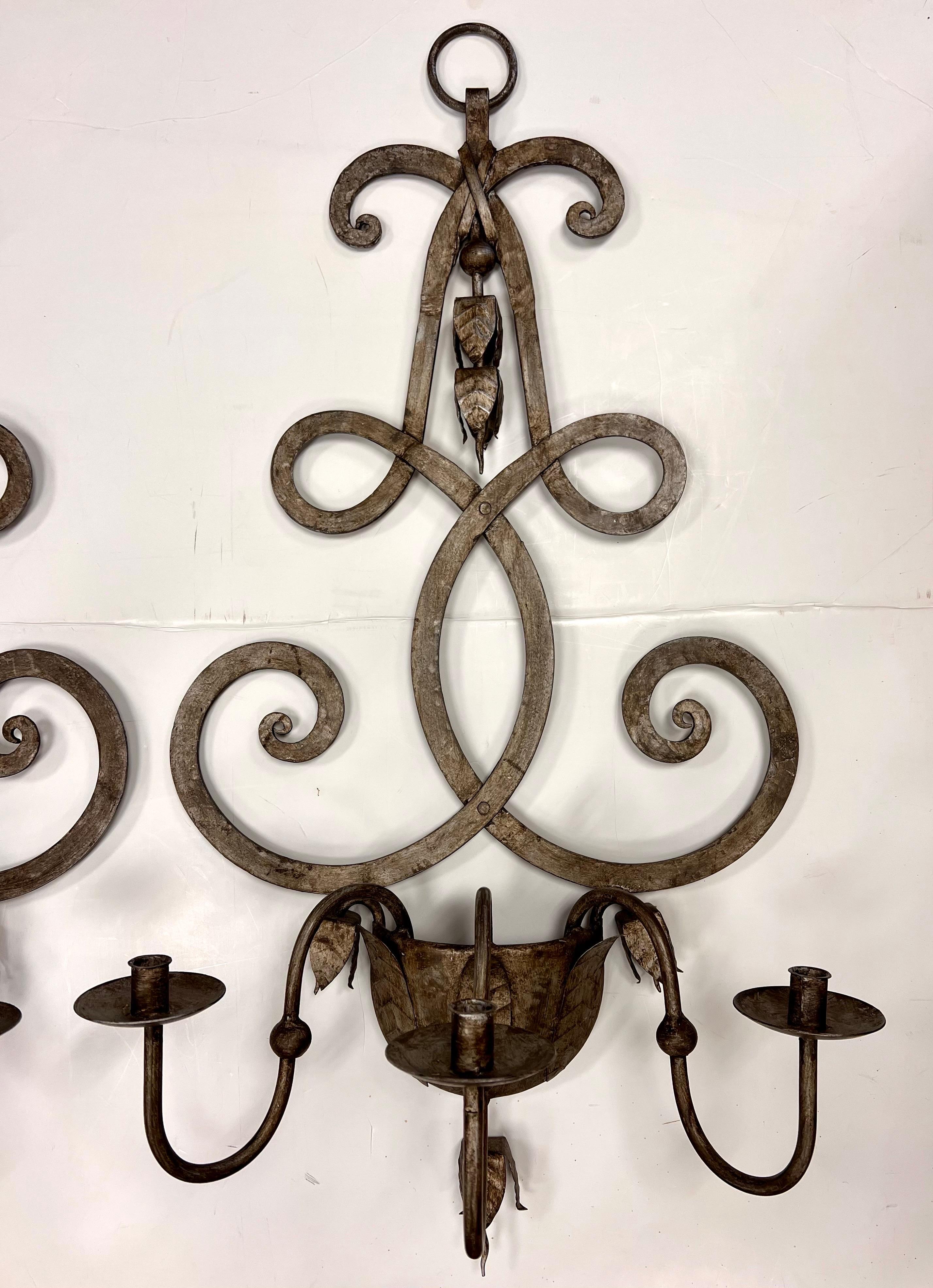 Italian Bespoke Rococo Style Large Heavy Tole Candle Wall Sconces For Sale