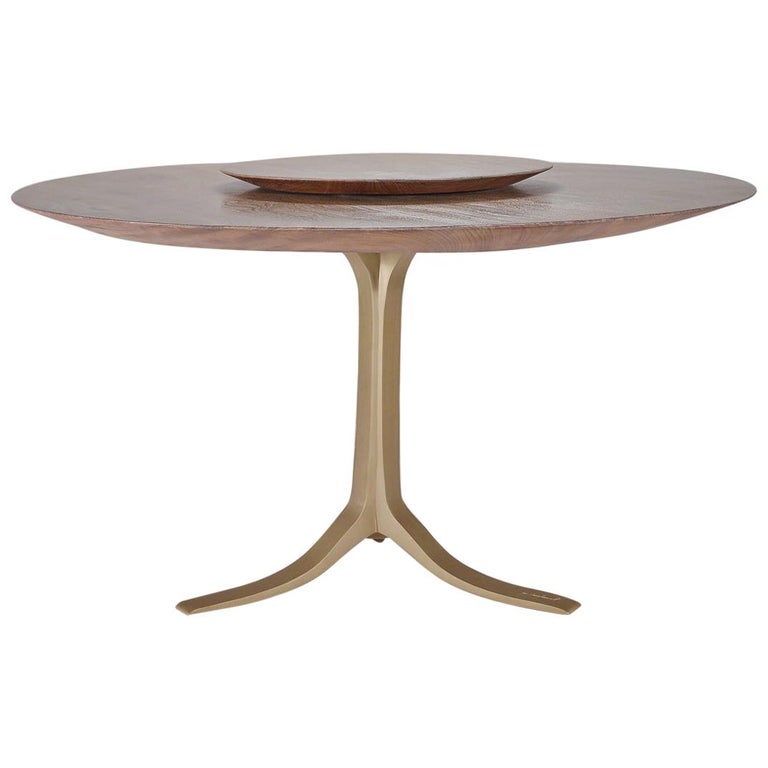 Bespoke Round Table, Antique Hardwood, Brass Base by P. Tendercool For Sale