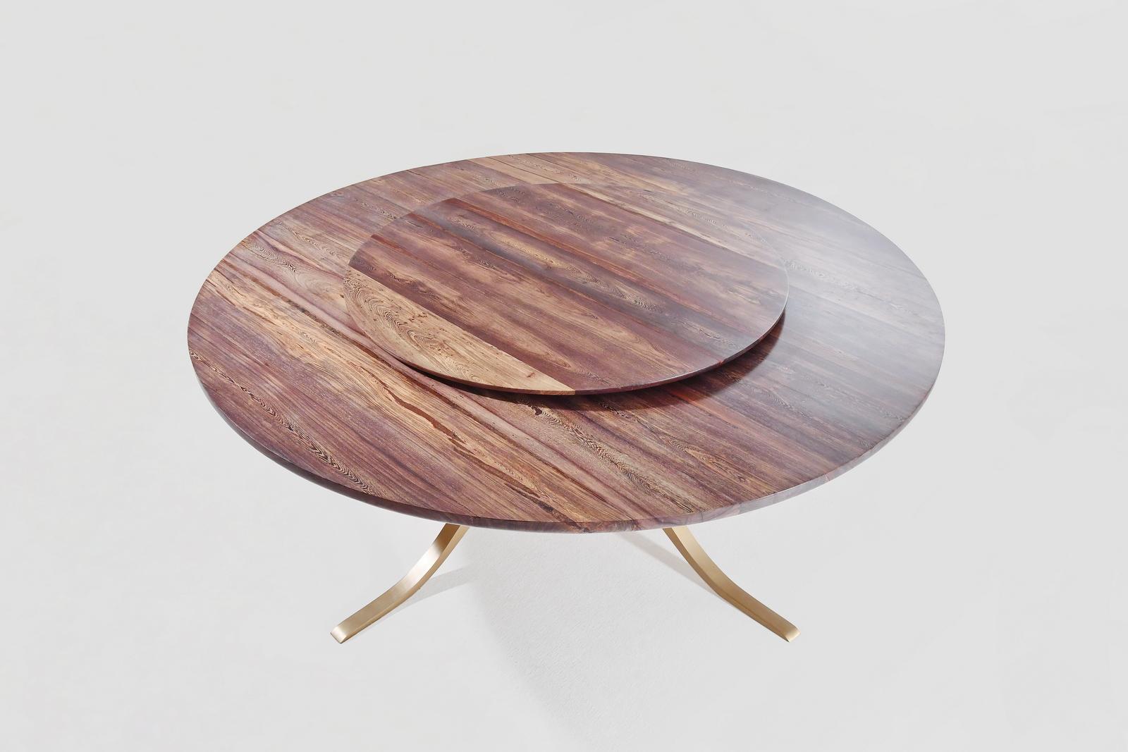 Bespoke Round Table, Reclaimed Burmese Black wood, Brass Base, by P. Tendercool For Sale 3