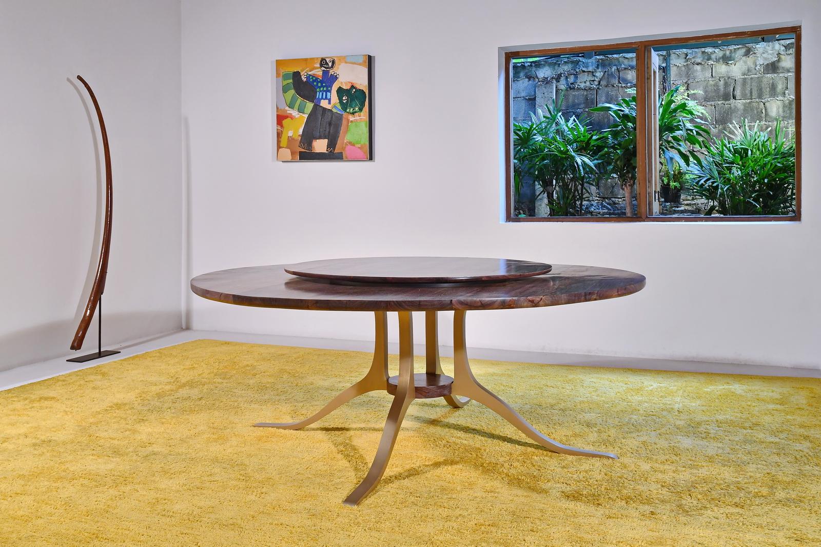 Minimalist Bespoke Round Table, Reclaimed Burmese Black wood, Brass Base, by P. Tendercool For Sale