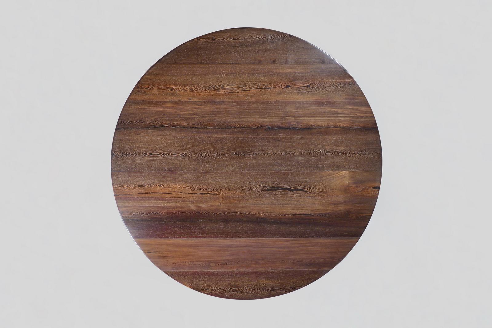 Minimalist Bespoke Round Table, Reclaimed Hardwood, Brass Base by P. Tendercool For Sale