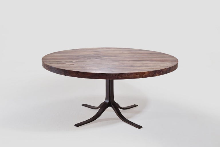 Minimalist Bespoke Round Table, Reclaimed Hardwood, Brass Base by P. Tendercool For Sale