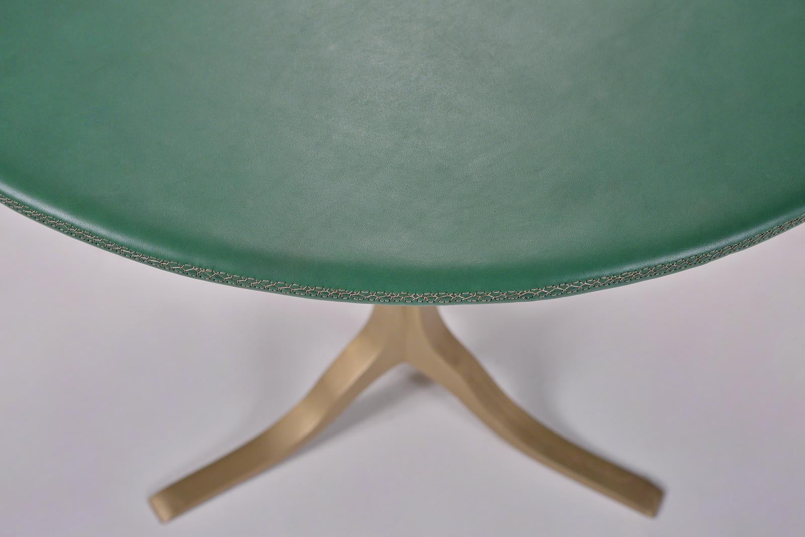 Cast Bespoke Round Table, Wood Covered Leather, Brass Base by P. Tendercool  For Sale